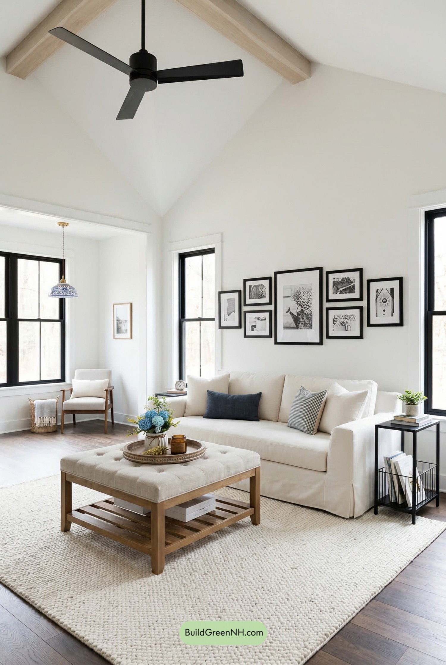 Matte-Black Fan Meets Vaulted Farmhouse Calm