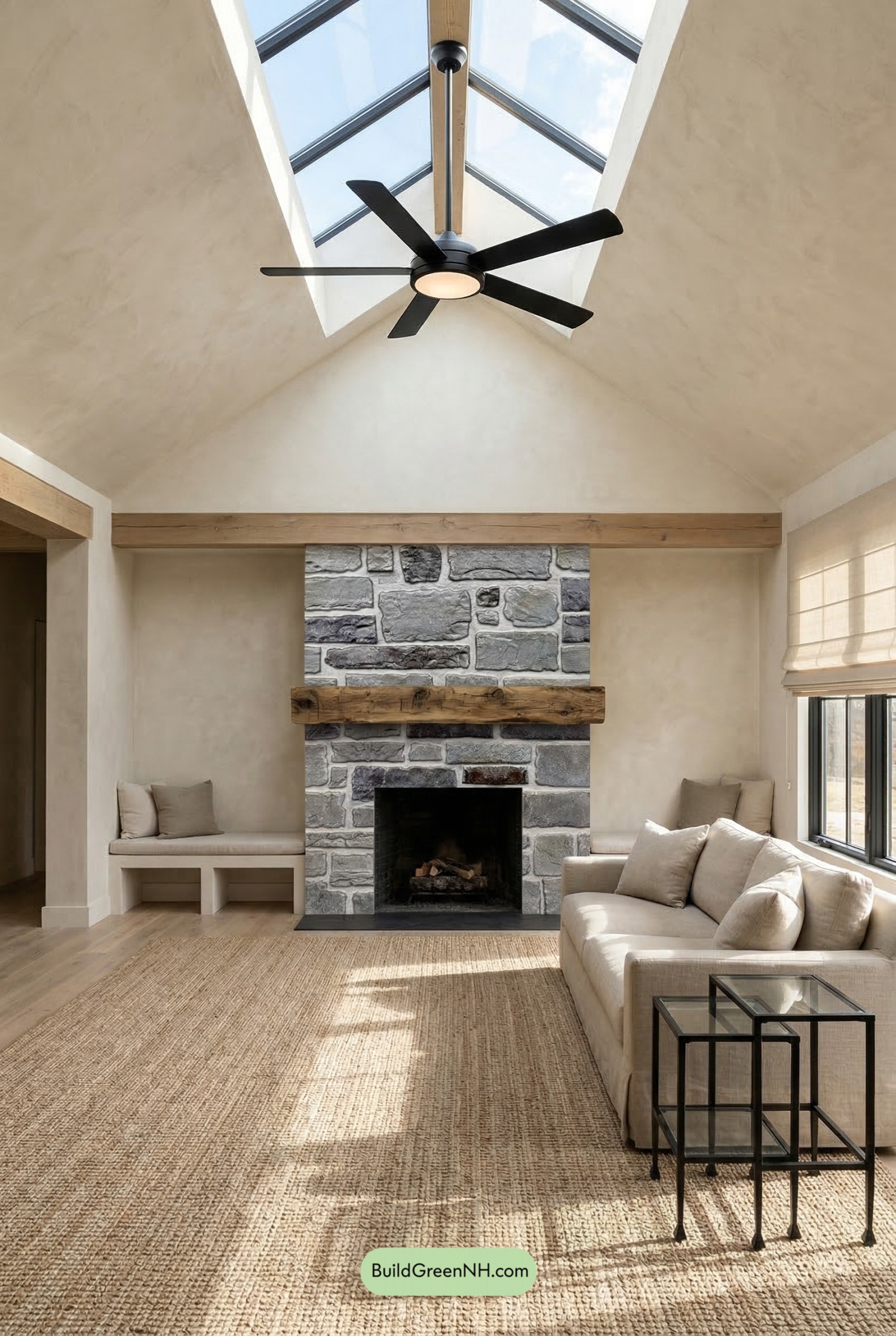 Skylight-Crowned Fan Over Cozy Hearth