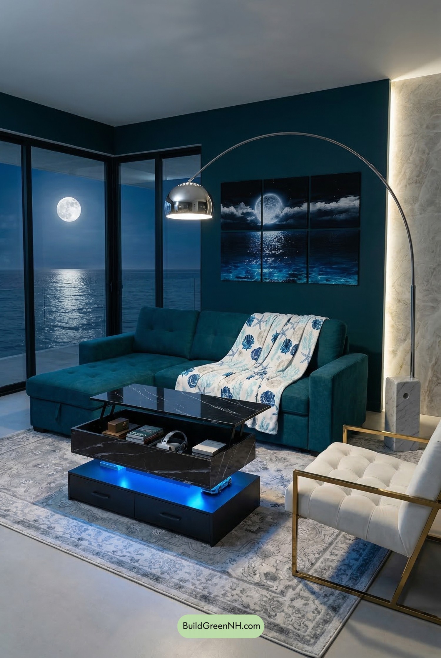 Moonlit Teal Ocean Living Room