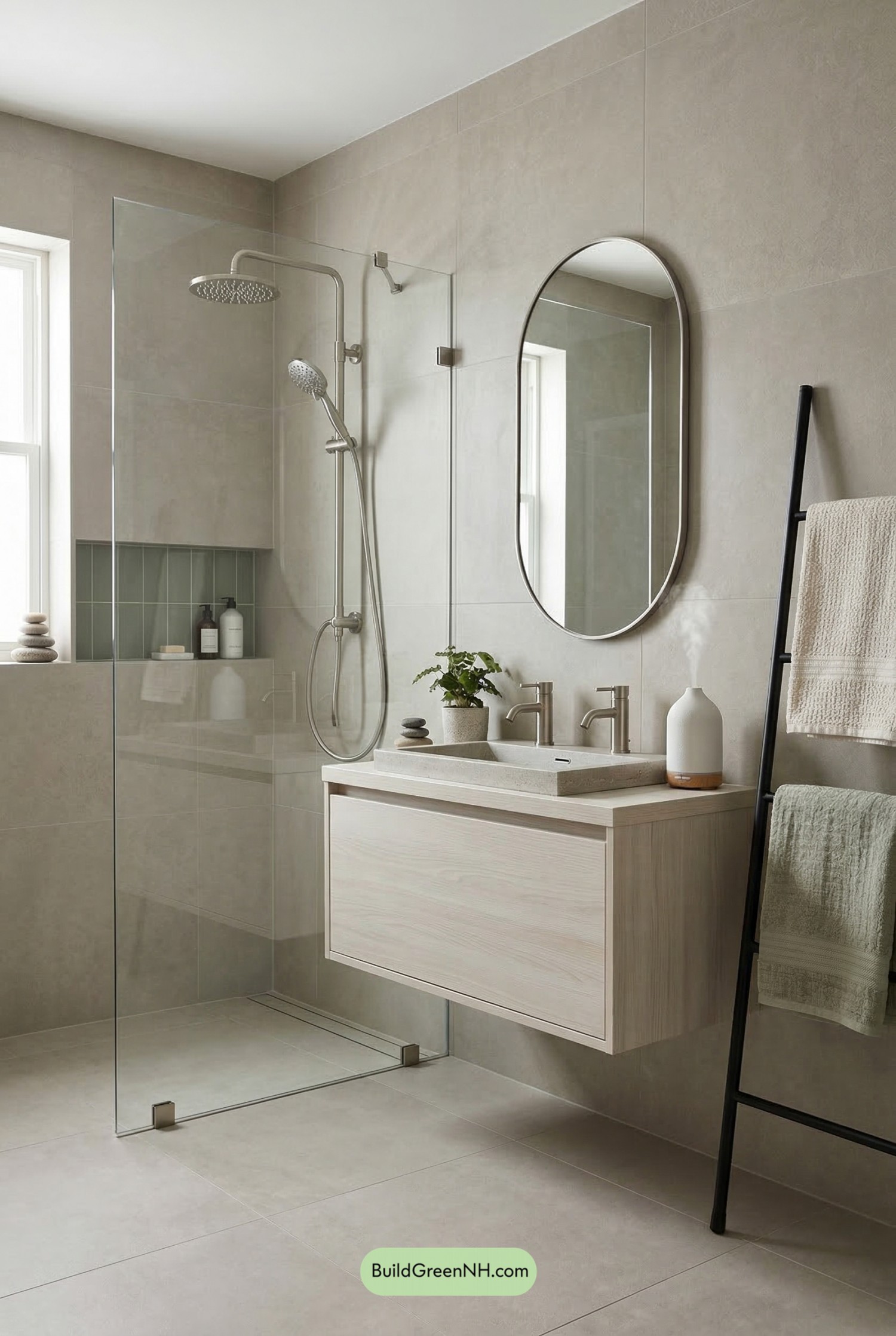 Greige Big-Tile Japandi Bathroom