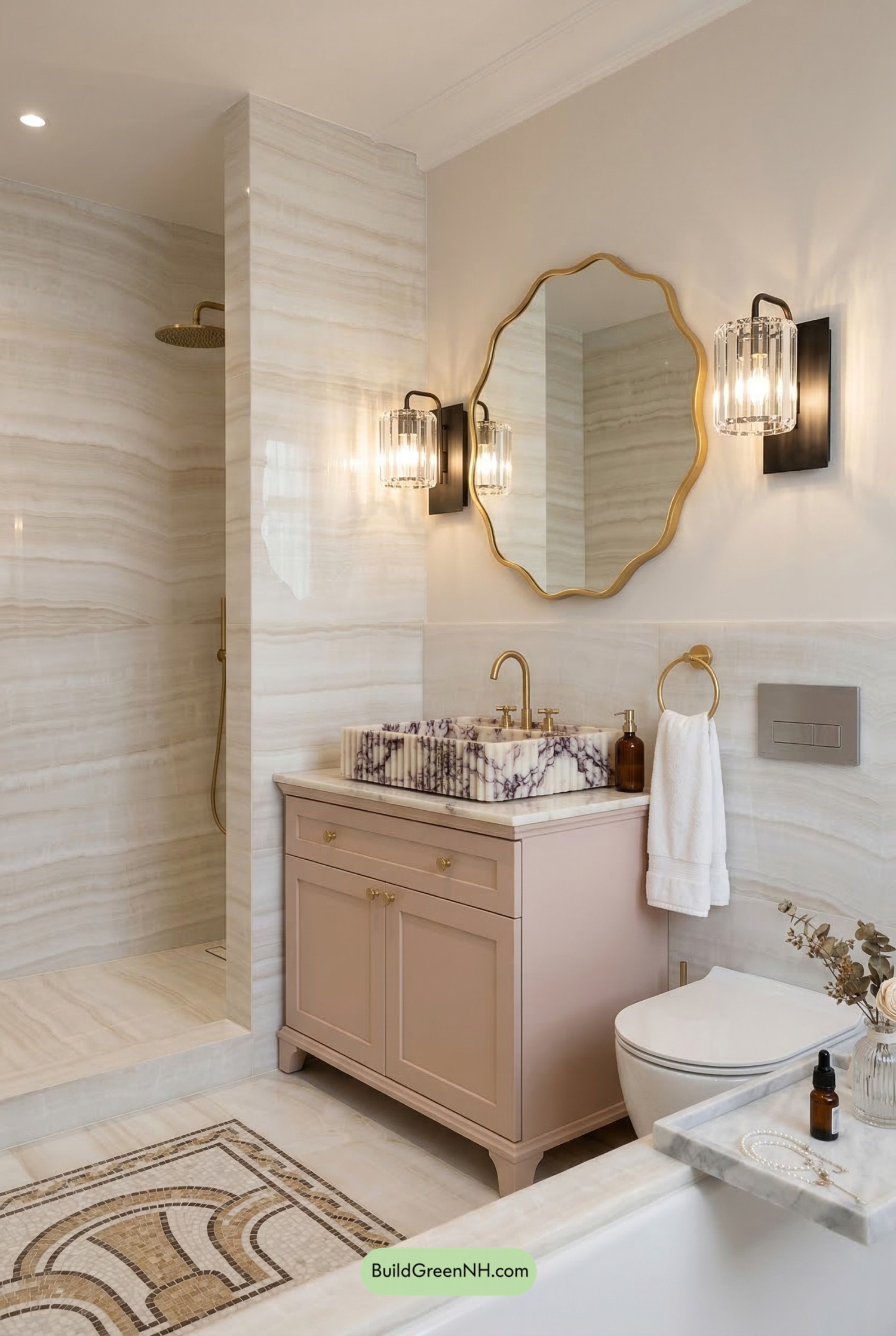 Blush Vanity and Onyx Tile Shower