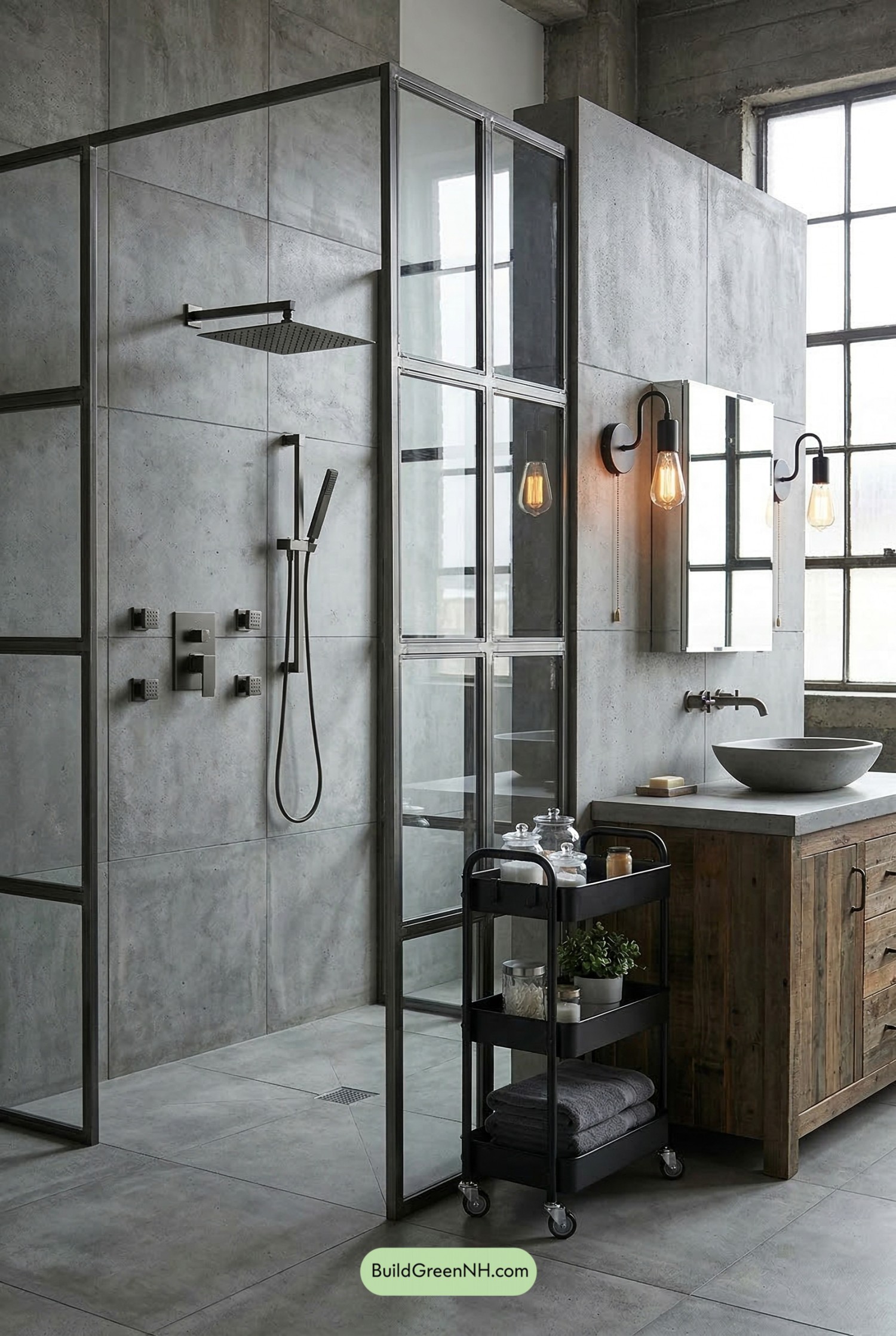 Industrial Loft Big-Tile Shower Bathroom