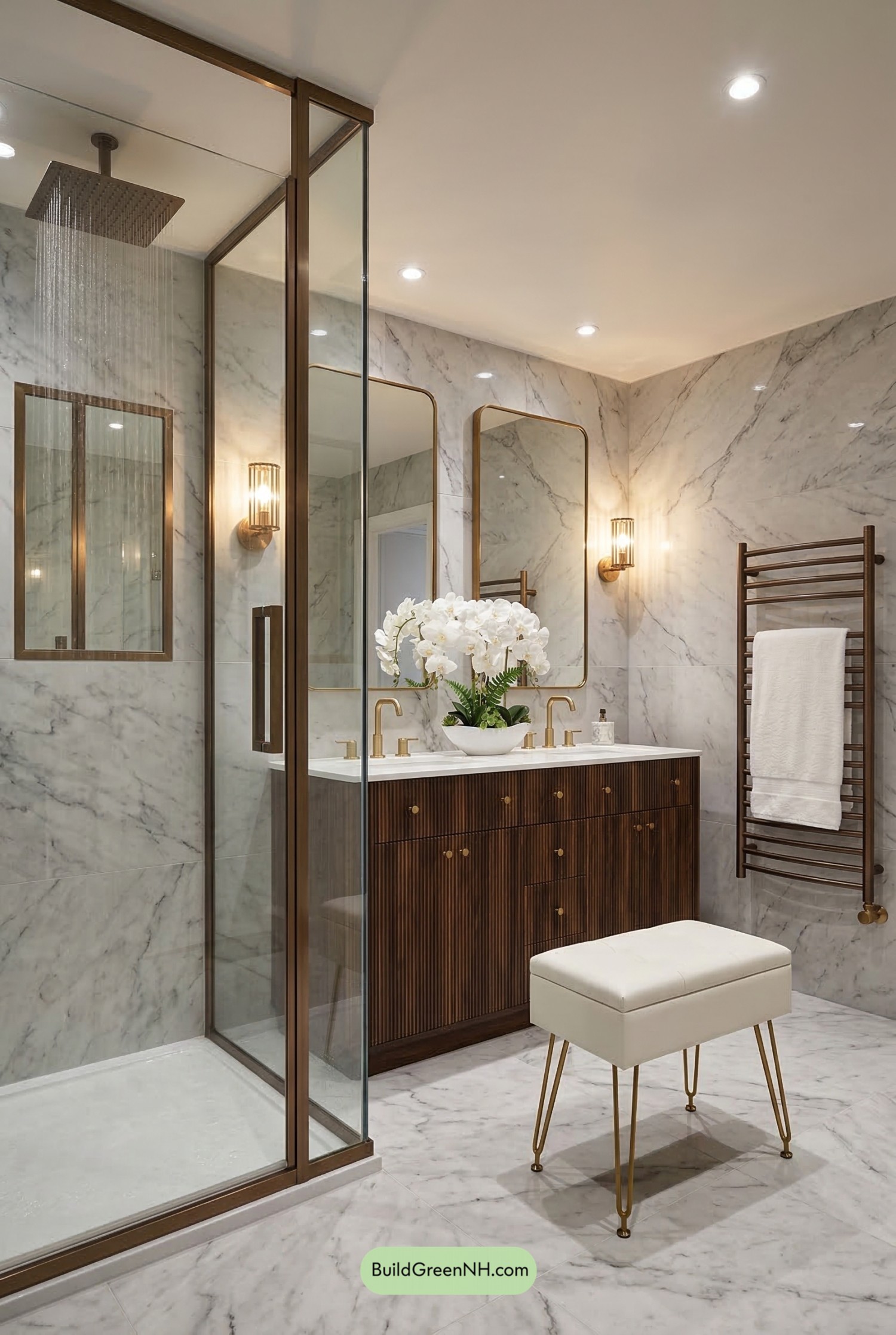 Boutique Marble Bathroom with Big-Tile Shower
