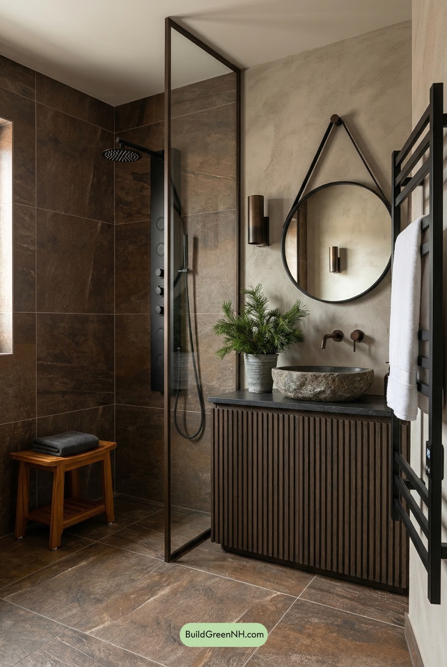 Moody Lodge Bathroom with Big-Tile Shower
