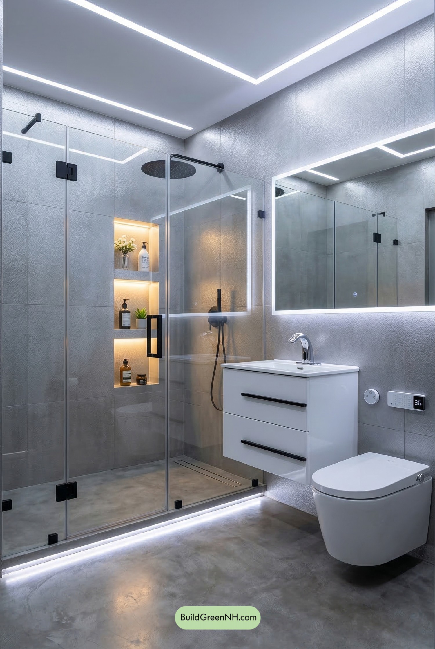 Futuristic Silver-Grey Big Tile Bathroom