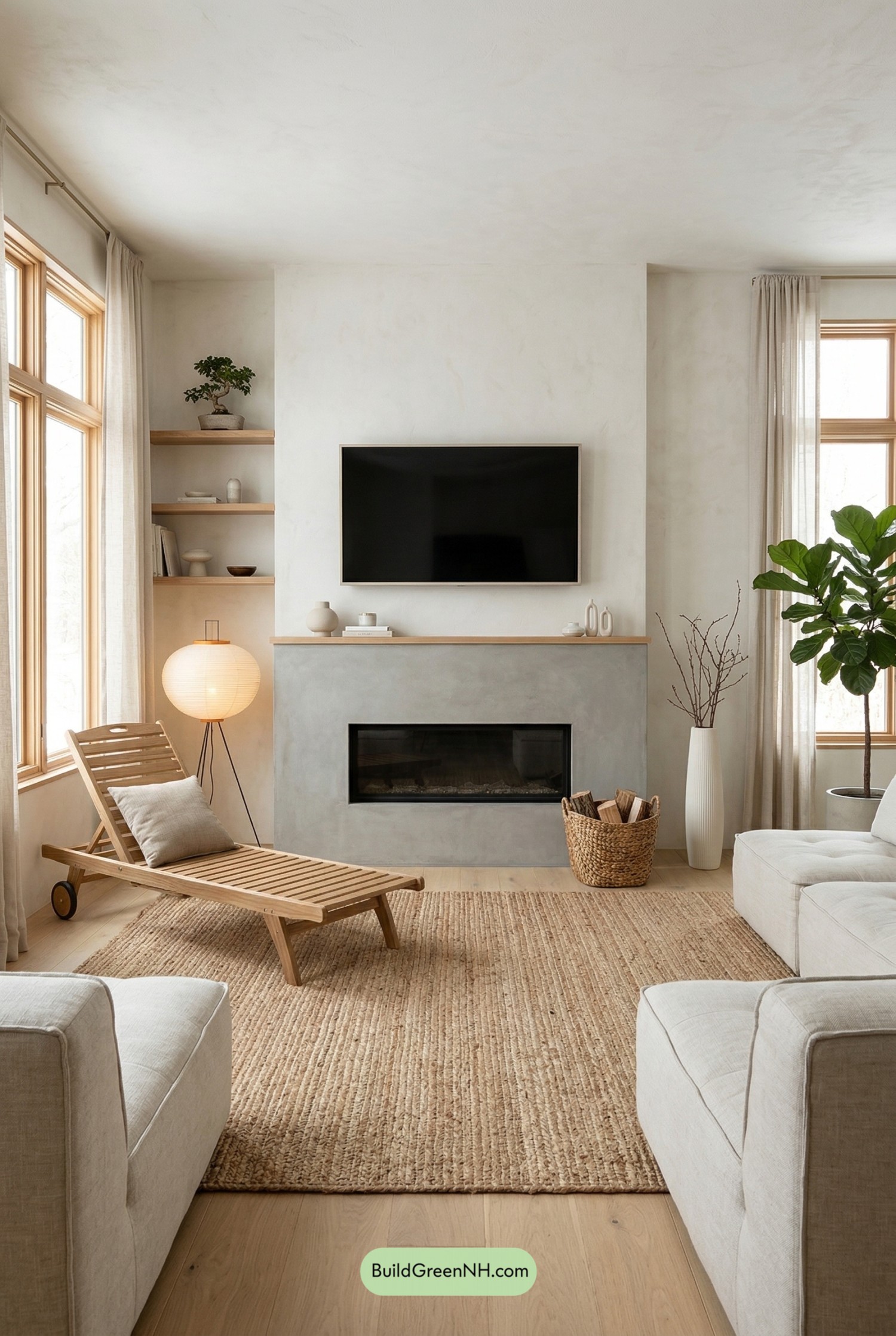 Airy Japandi Living Room Fireplace