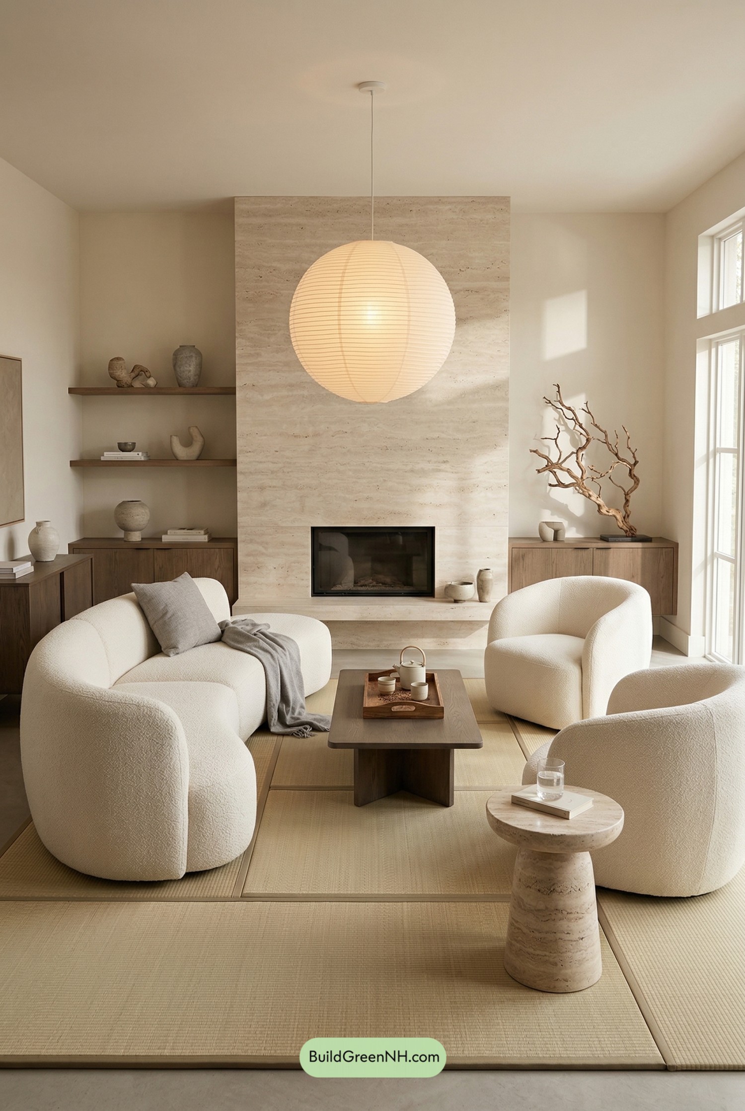 Serene Japandi Fireplace Living Room