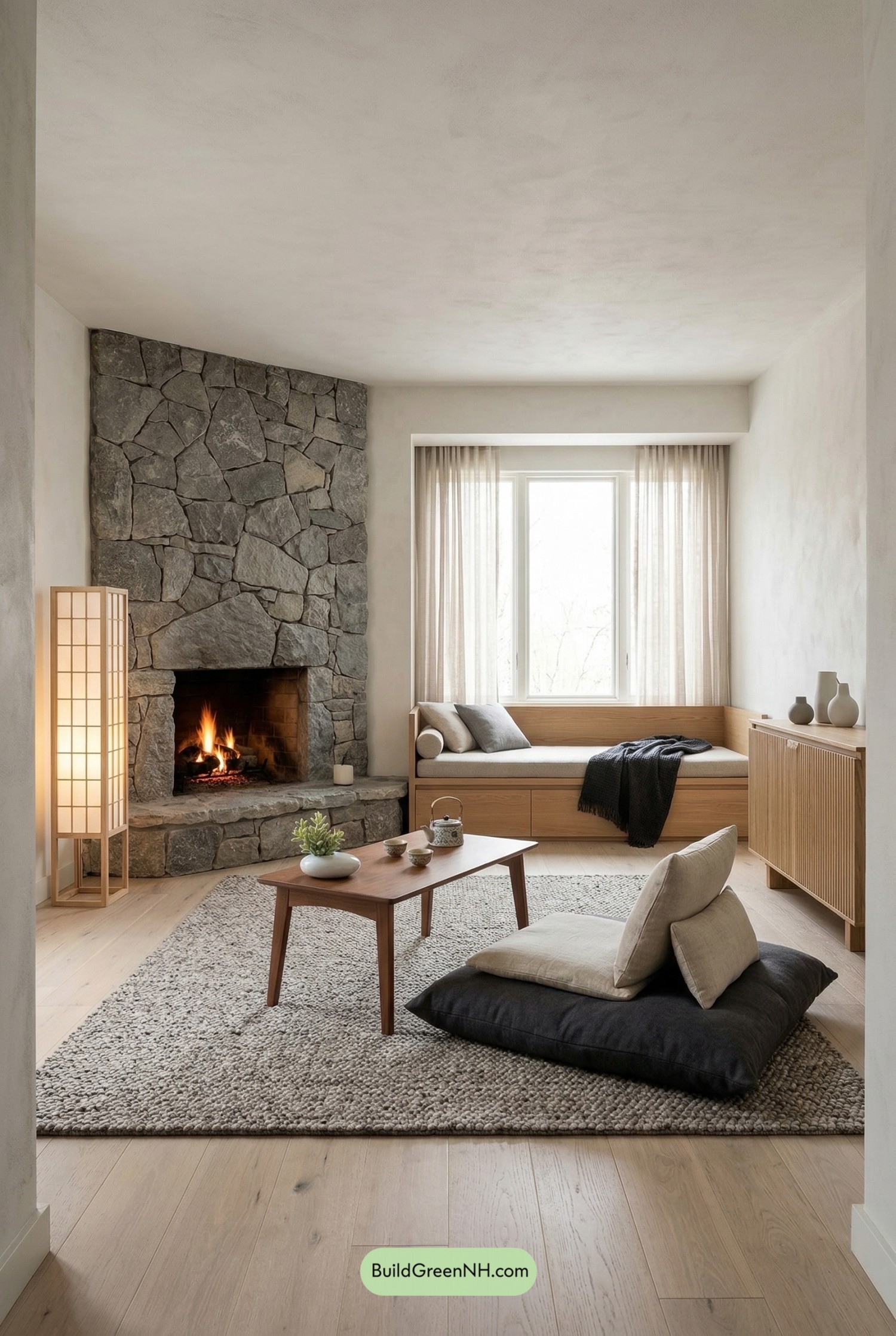 Japandi Living Room With Stone Fireplace