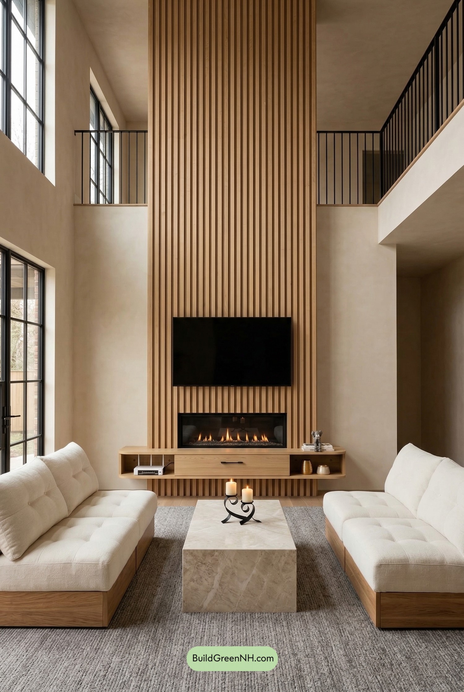 Sculptural Japandi Fireplace Living Room