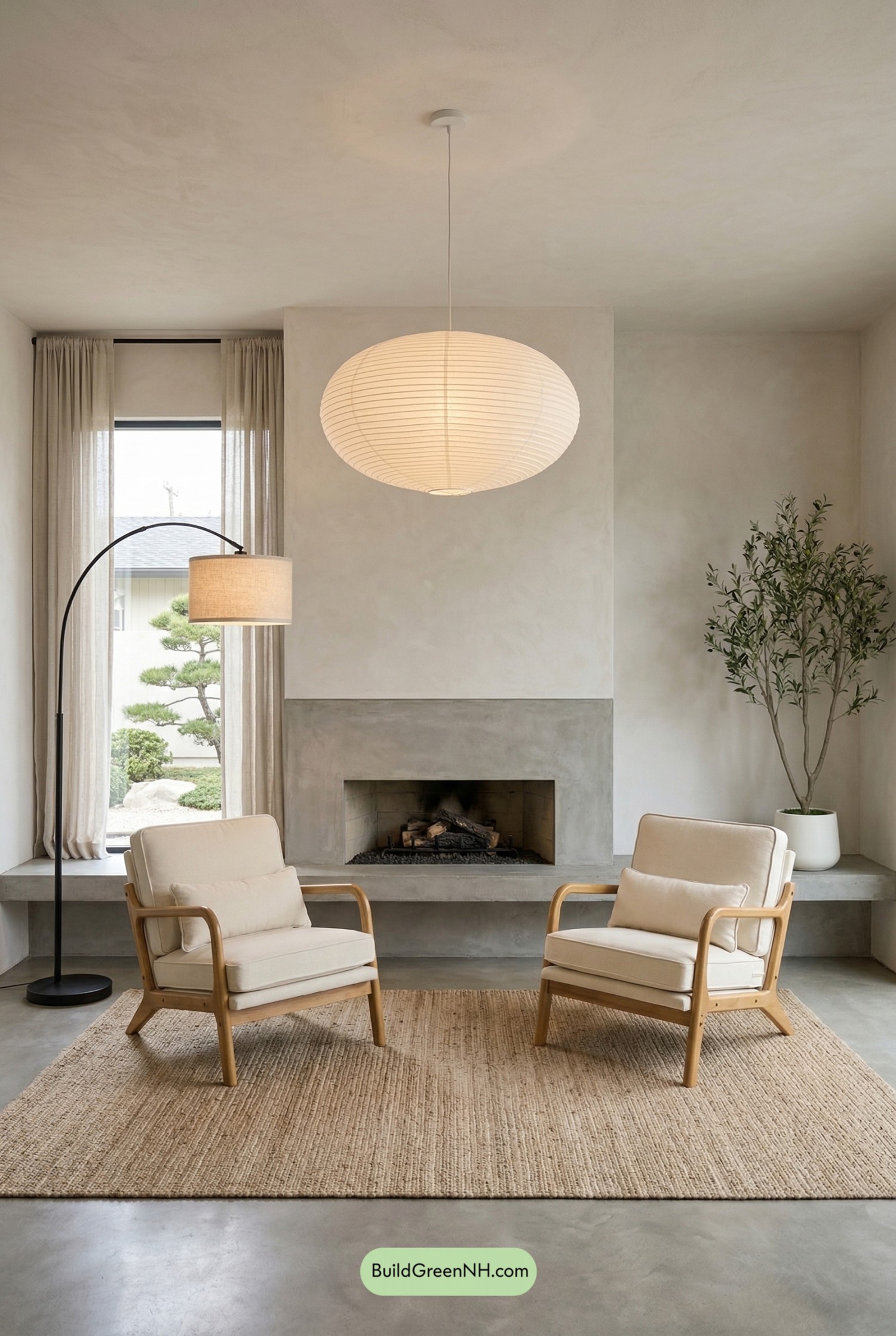 Serene Japandi Fireplace Lounge