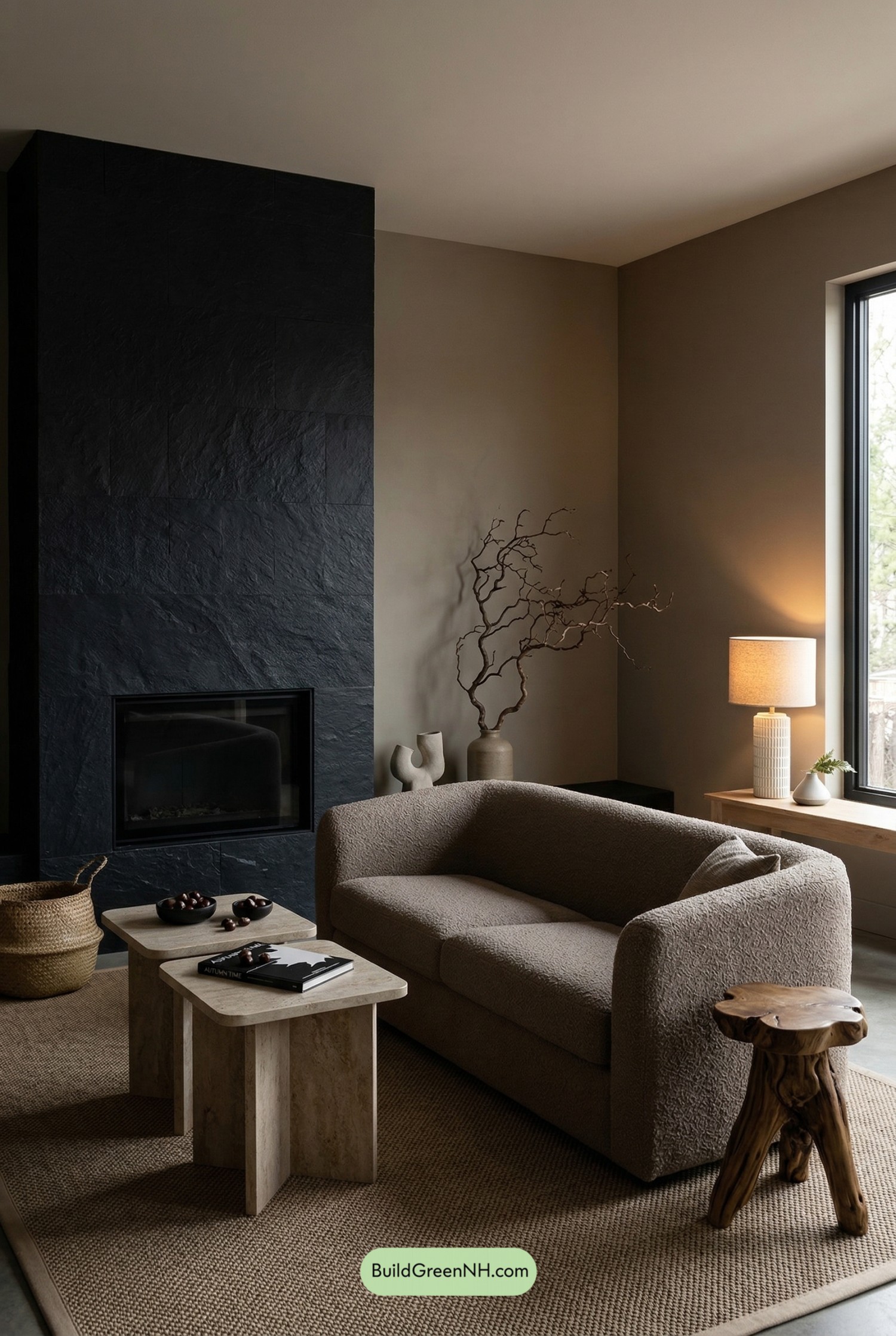 Moody Japandi Fireplace Living Room