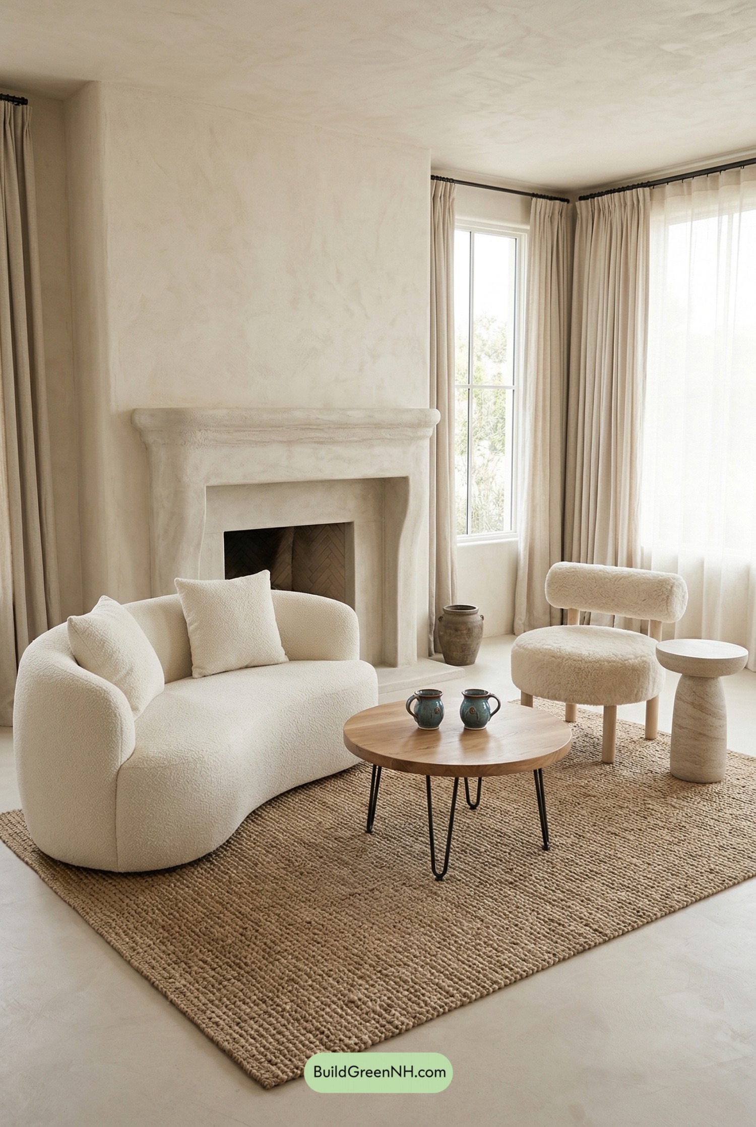 Soft Japandi Fireplace Living Room