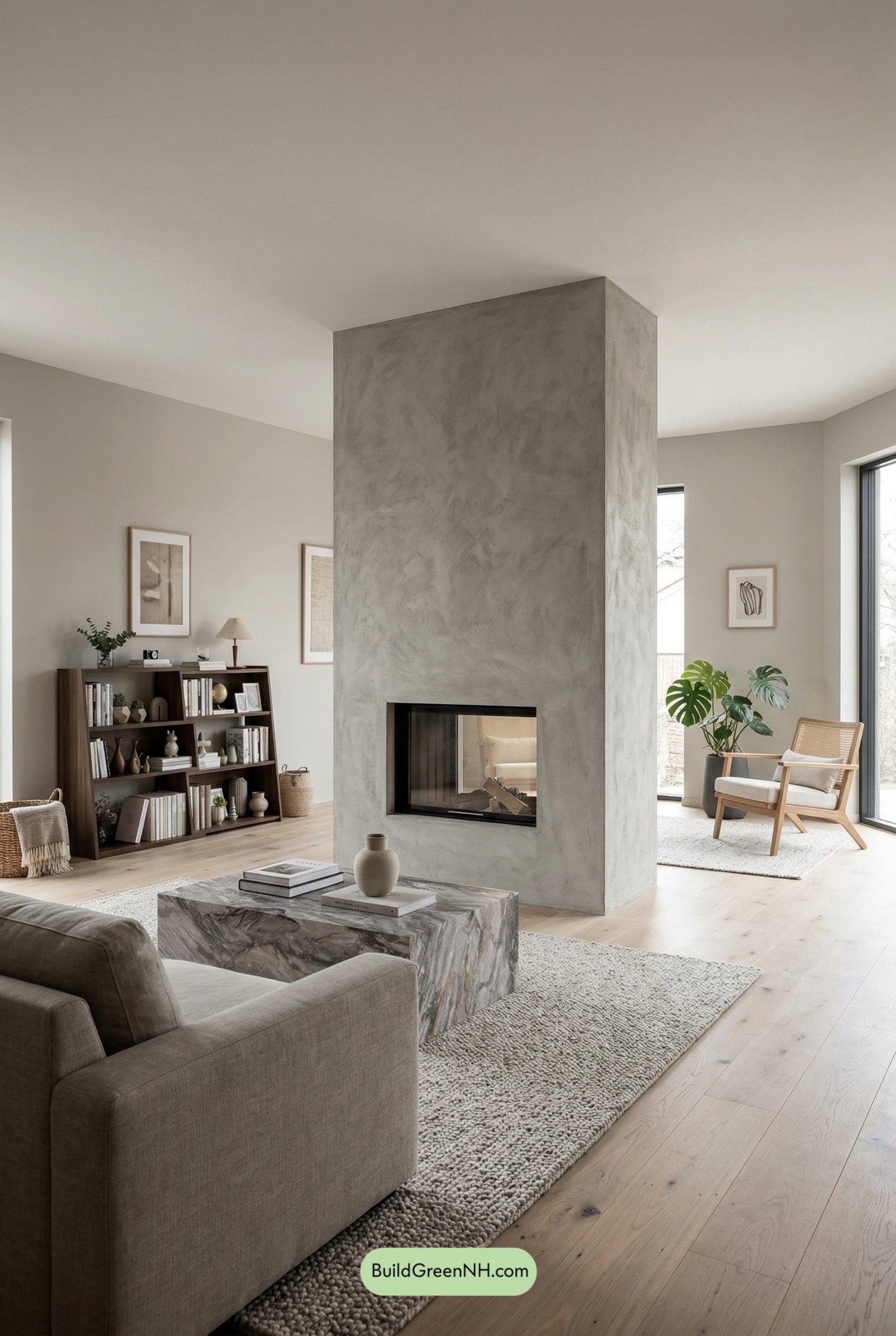 Japandi Living Room With Central Fireplace