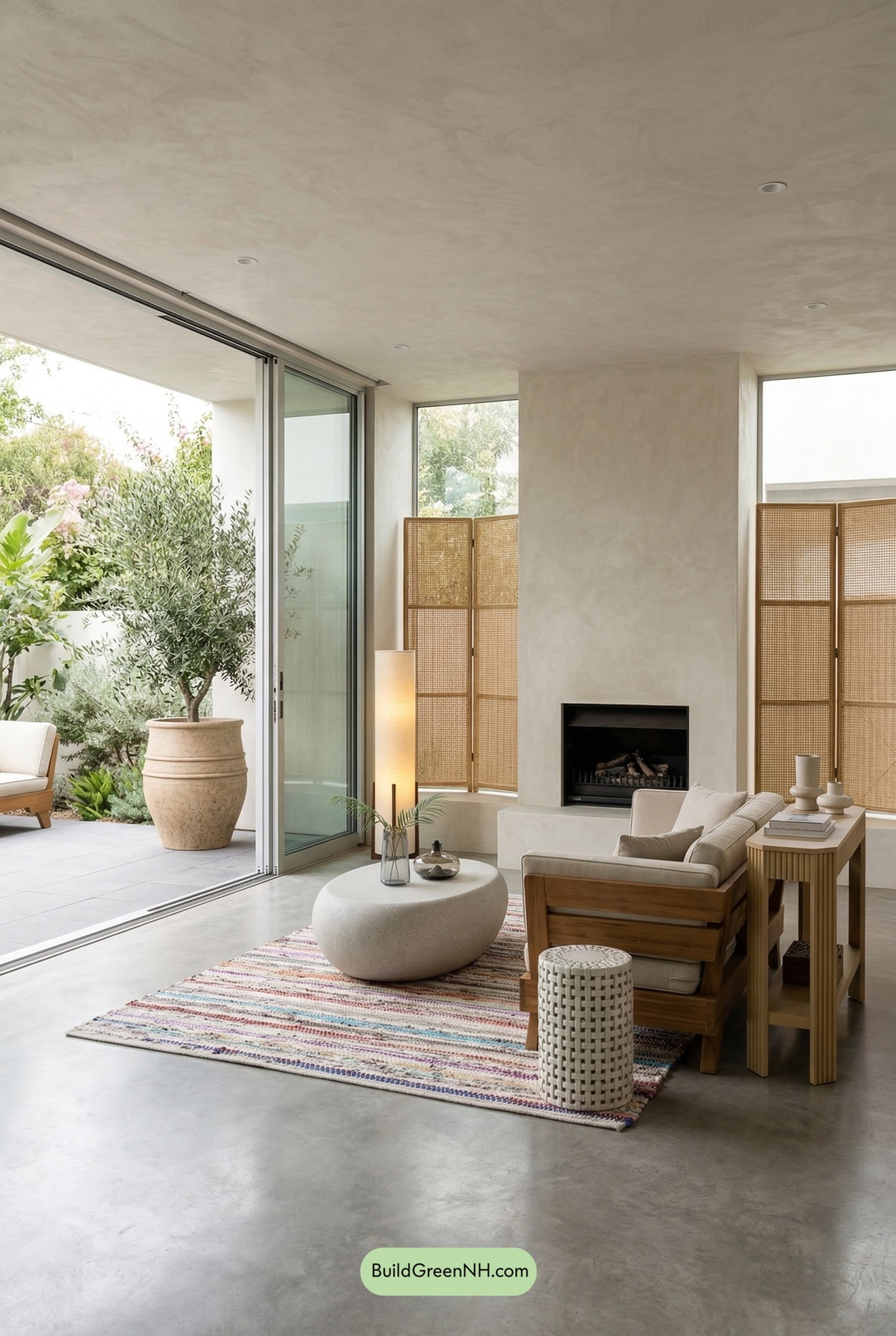 Japandi Living Room with Tadelakt Hearth