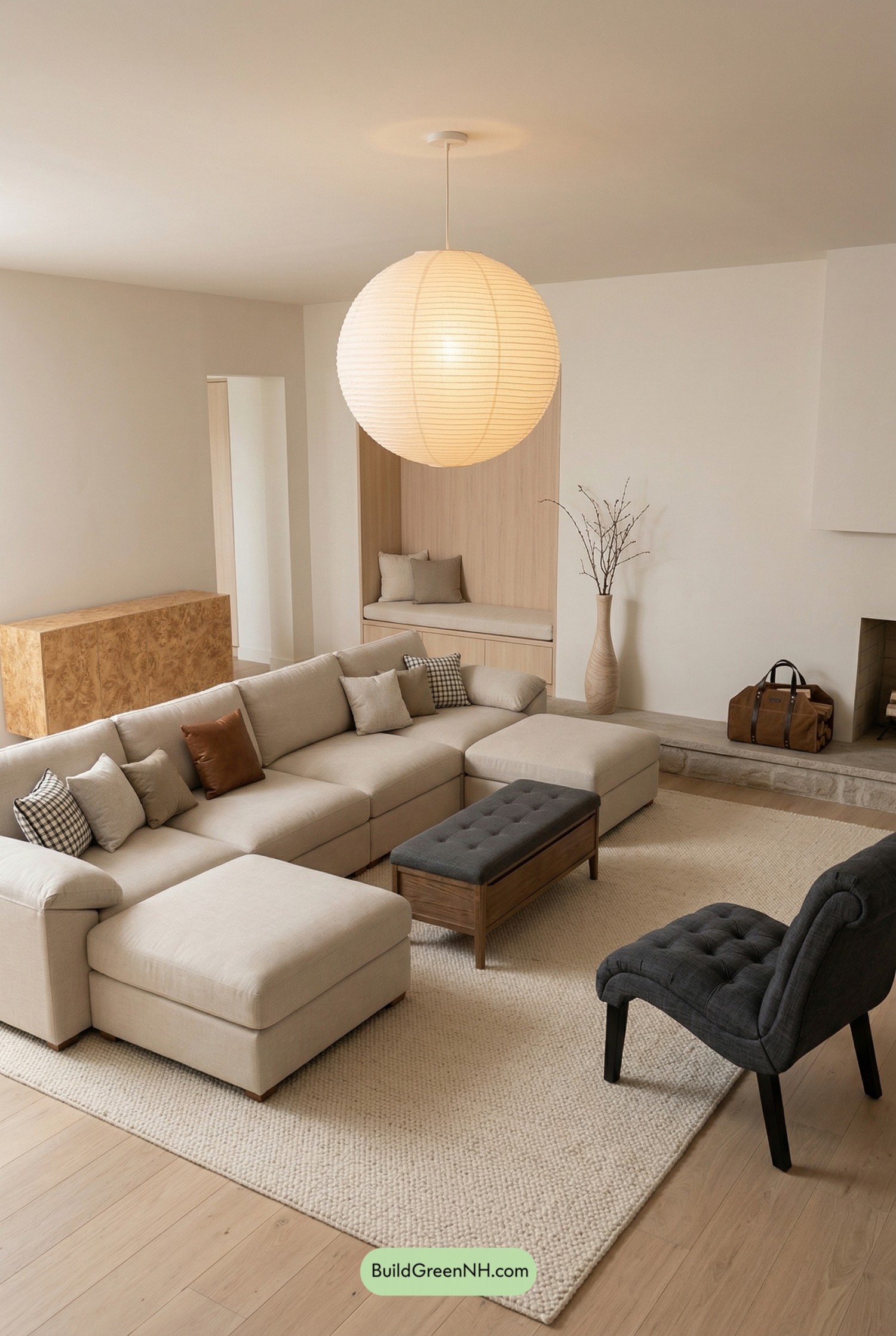 Soft Japandi Living Room Fireplace