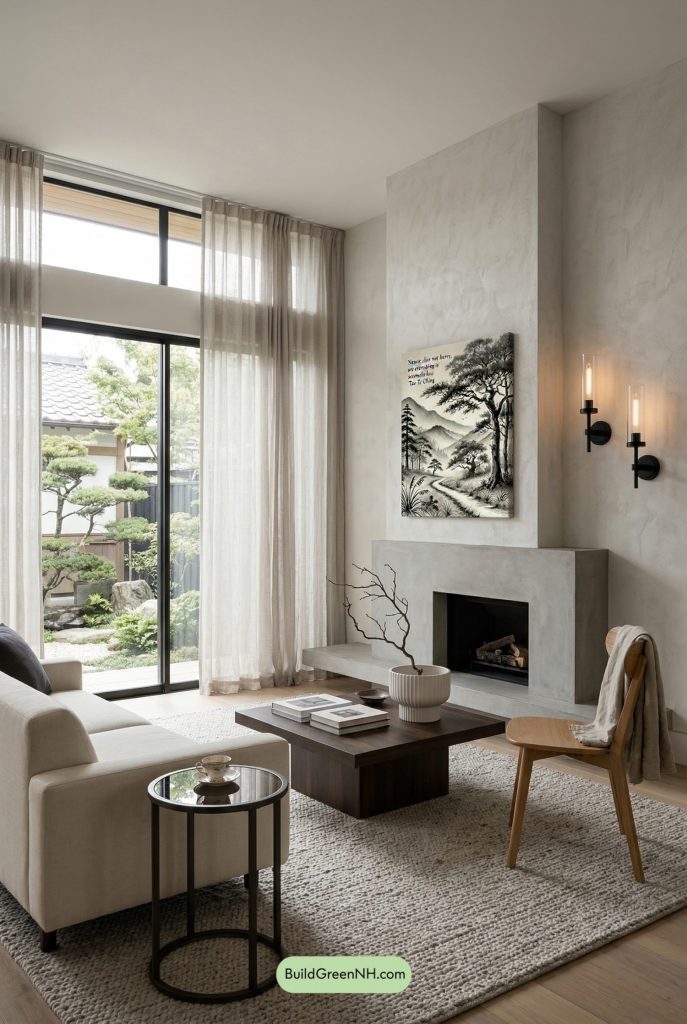 Sculptural Japandi Fireplace Living Room