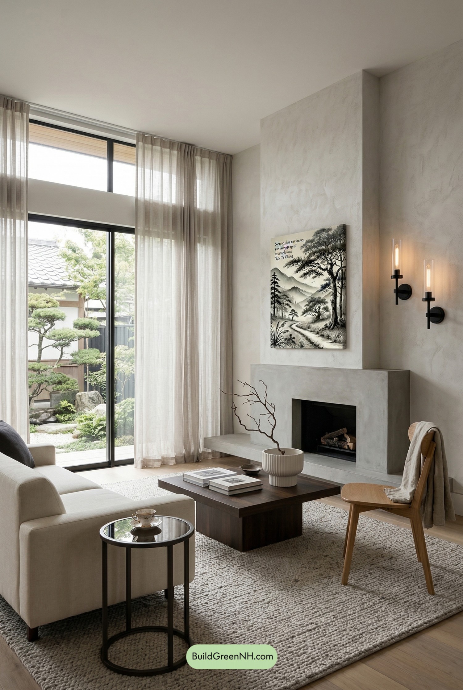 Sculptural Japandi Fireplace Living Room