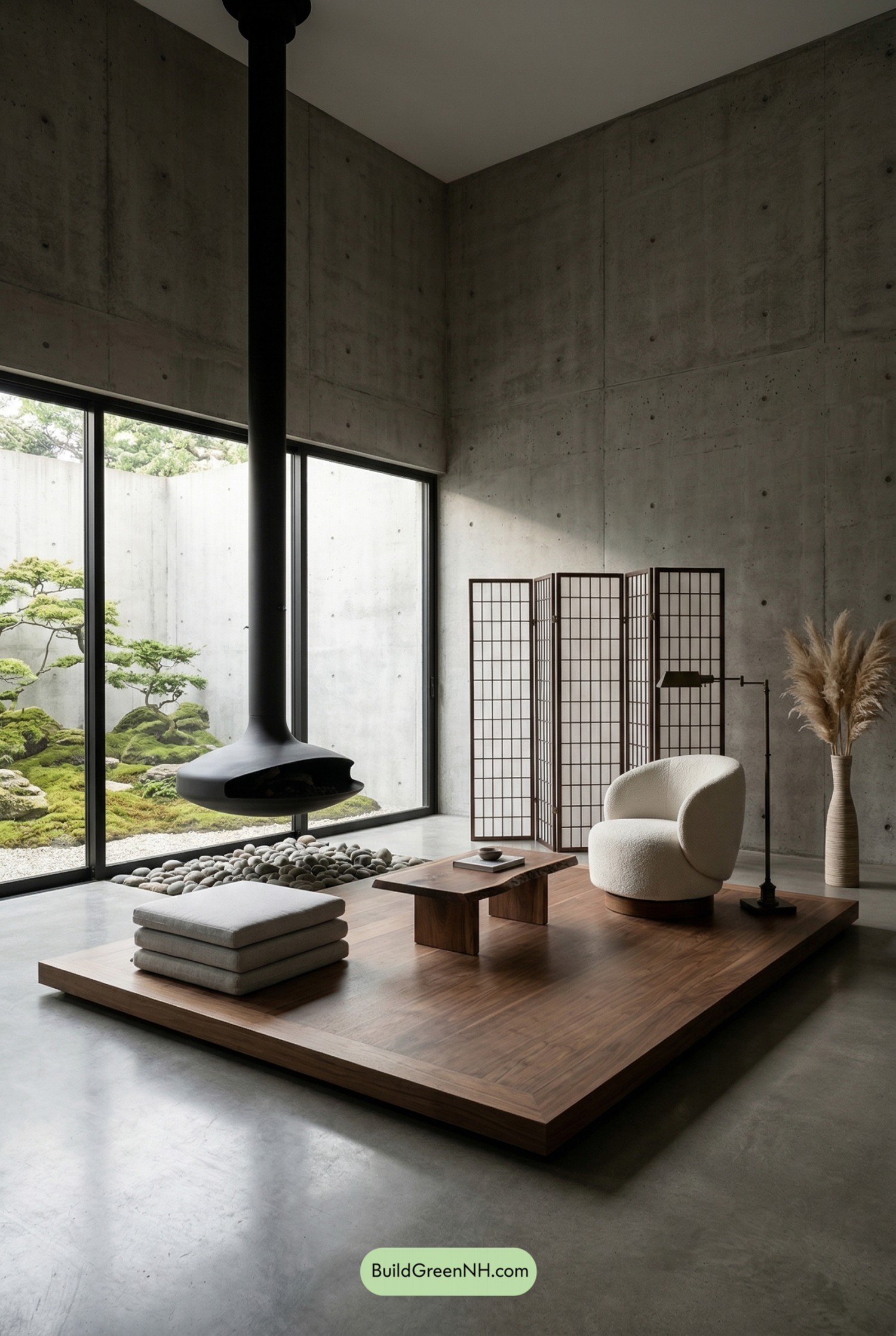 Japandi Loft with Floating Fireplace