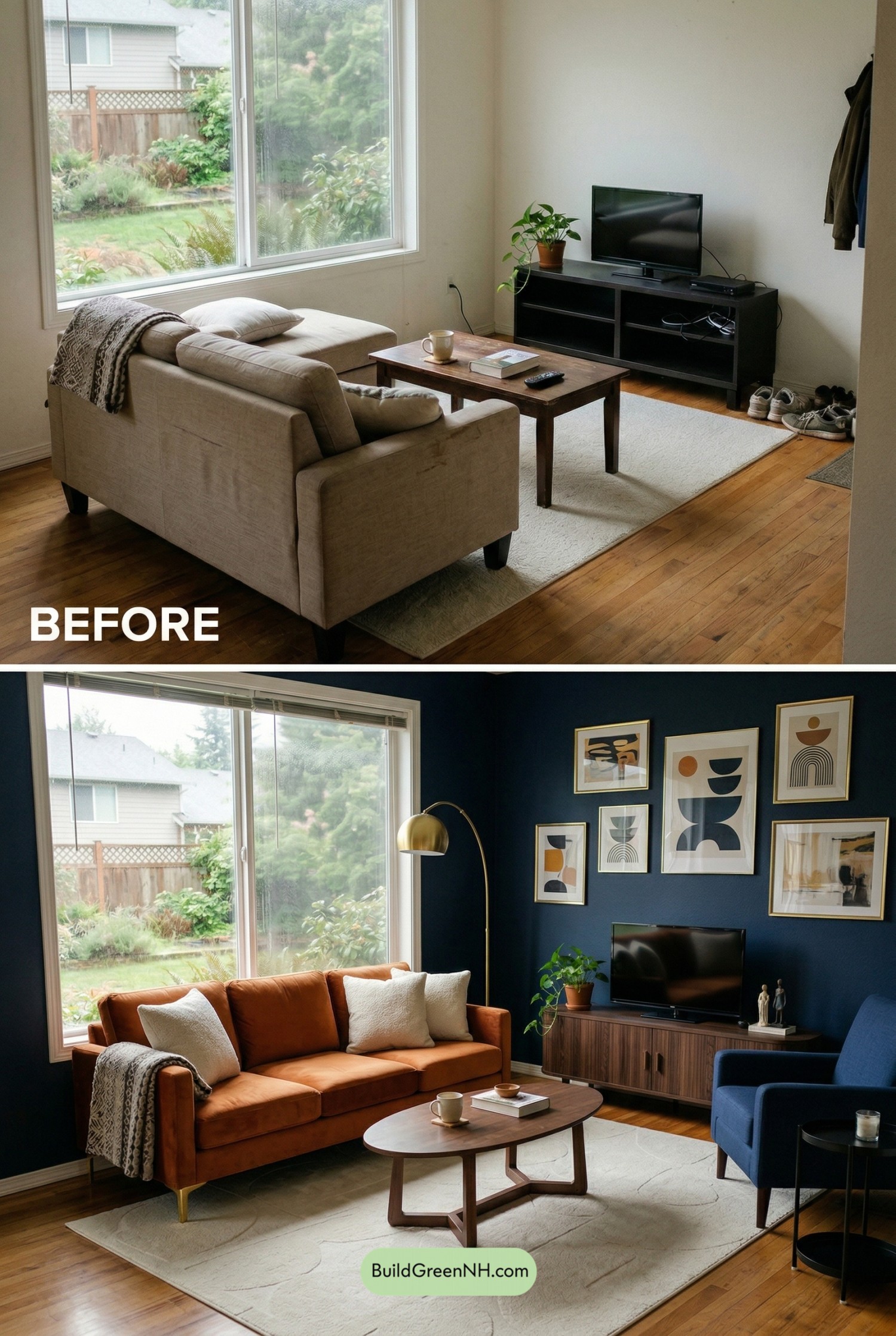 Burnt Orange Couch Steals the Show