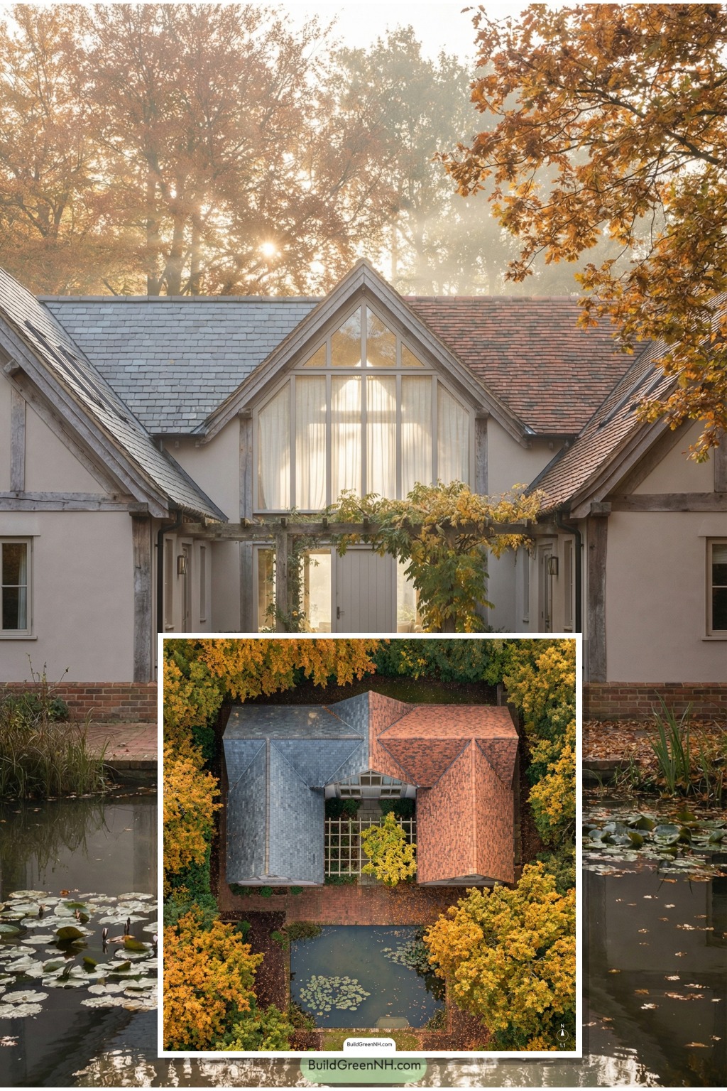 Autumn Courtyard Cottage With Reflecting Pond Top View