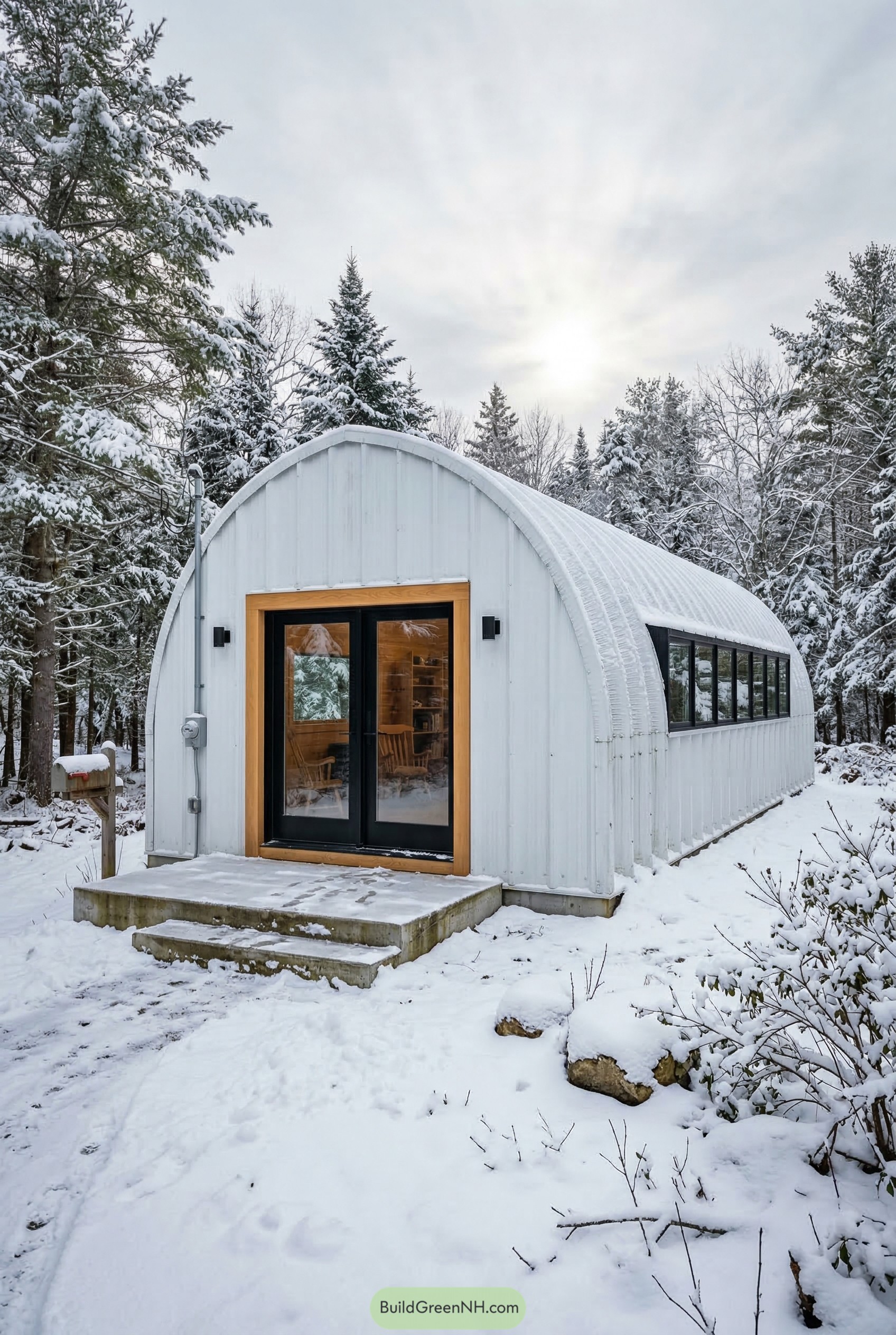 White quonset hut in snowy woods