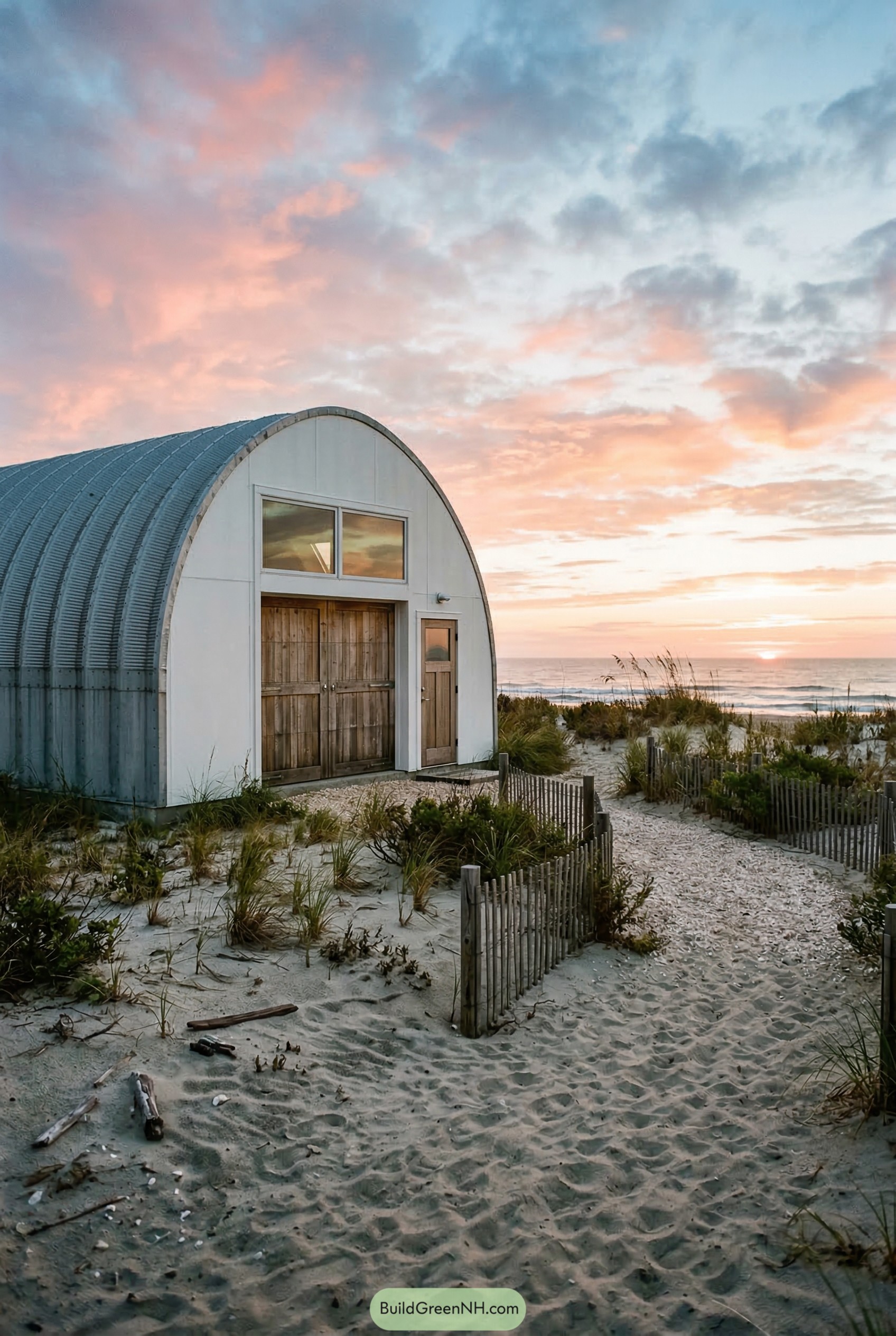 Quonset beach house with wood doors at sunset
