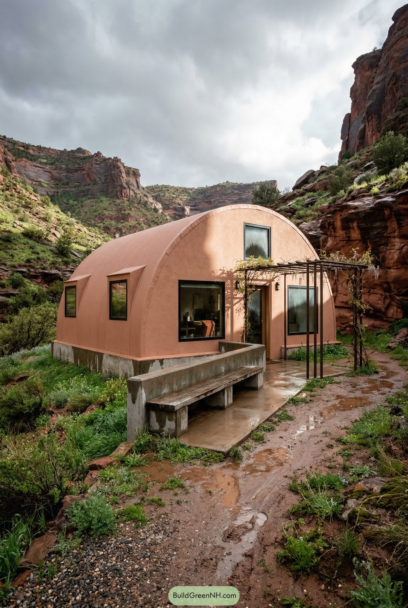 Peach quonset hut in a red rock canyon