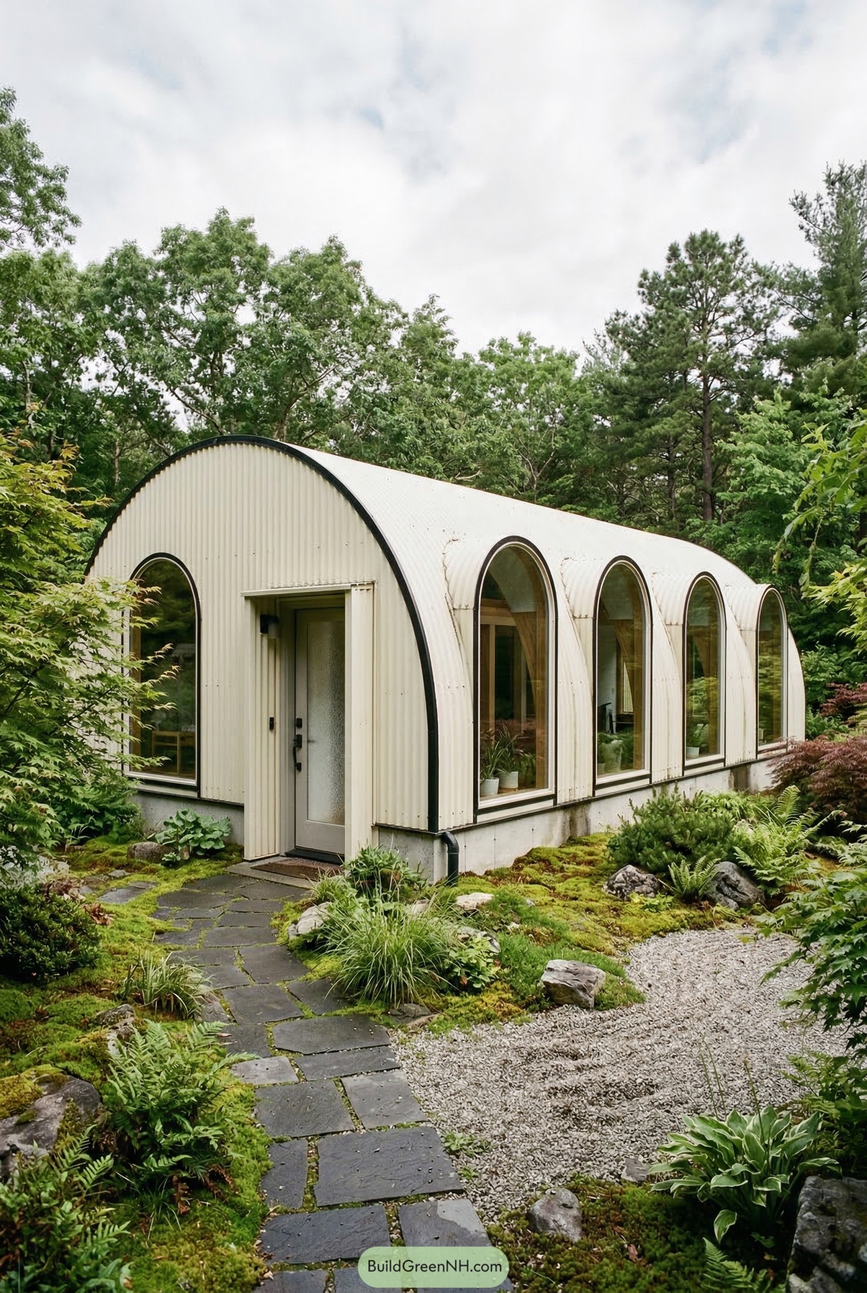 White quonset hut with tall arched windows in a lush garden