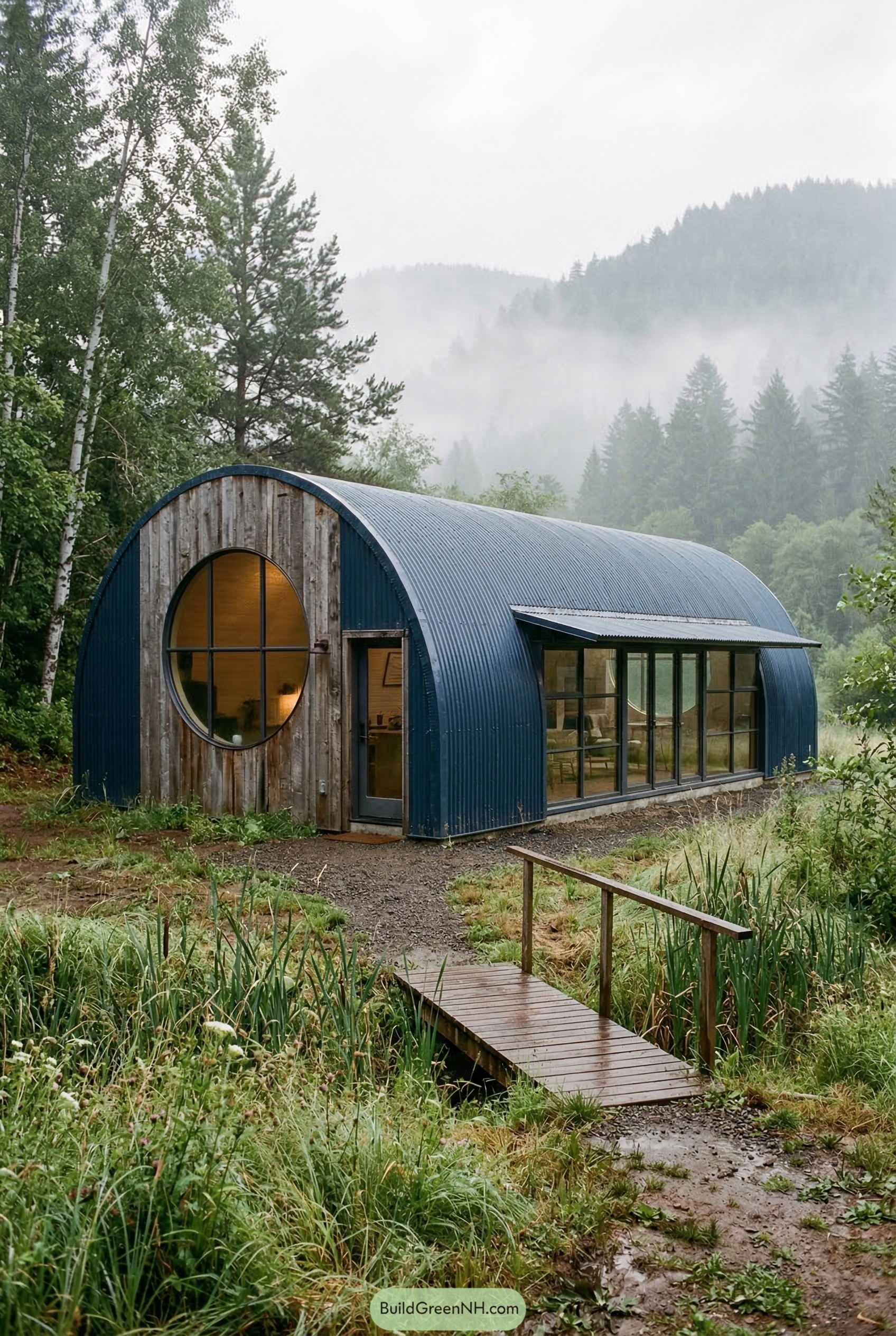 Blue quonset hut with round window in misty wetland