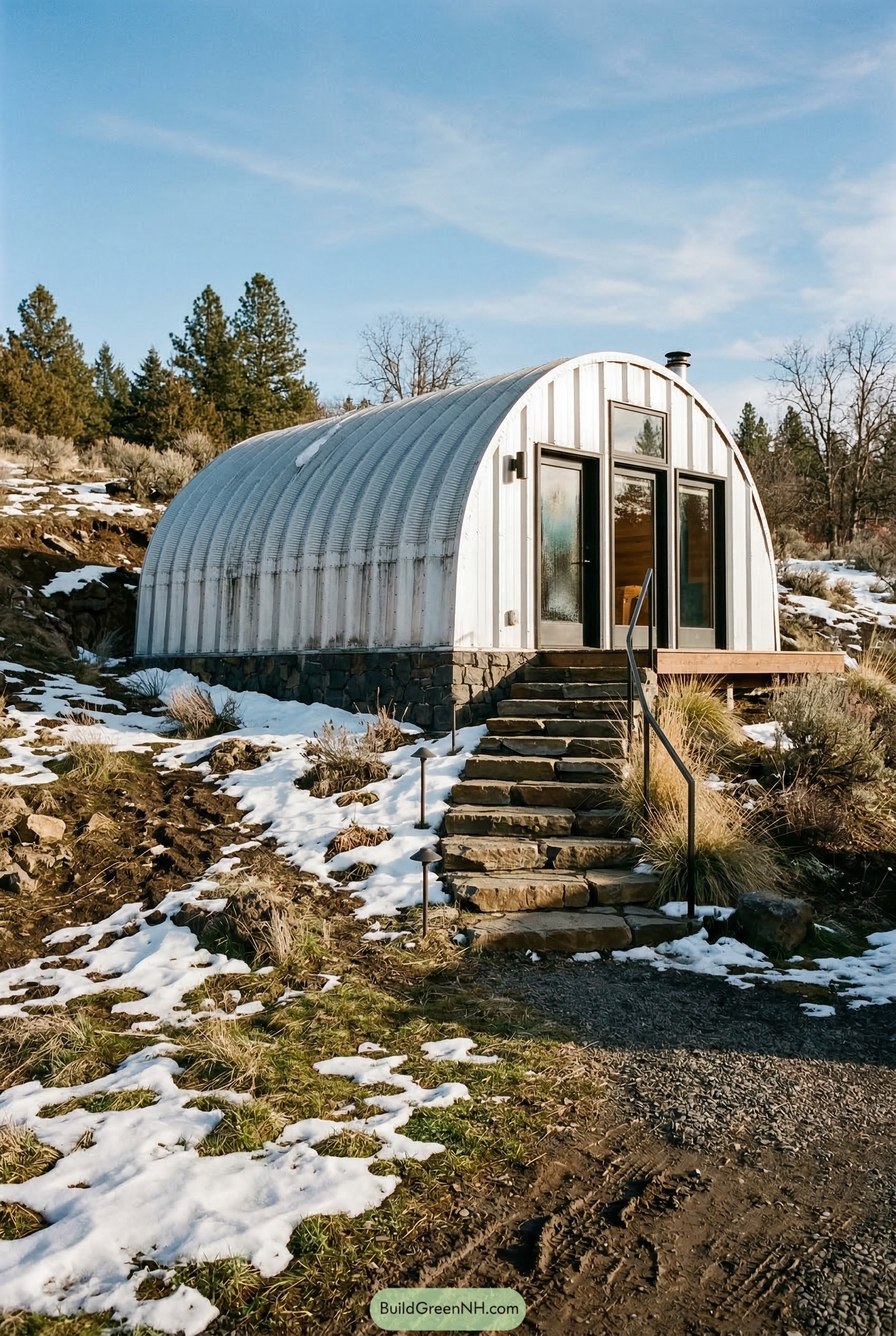 White quonset hut on snowy hillside