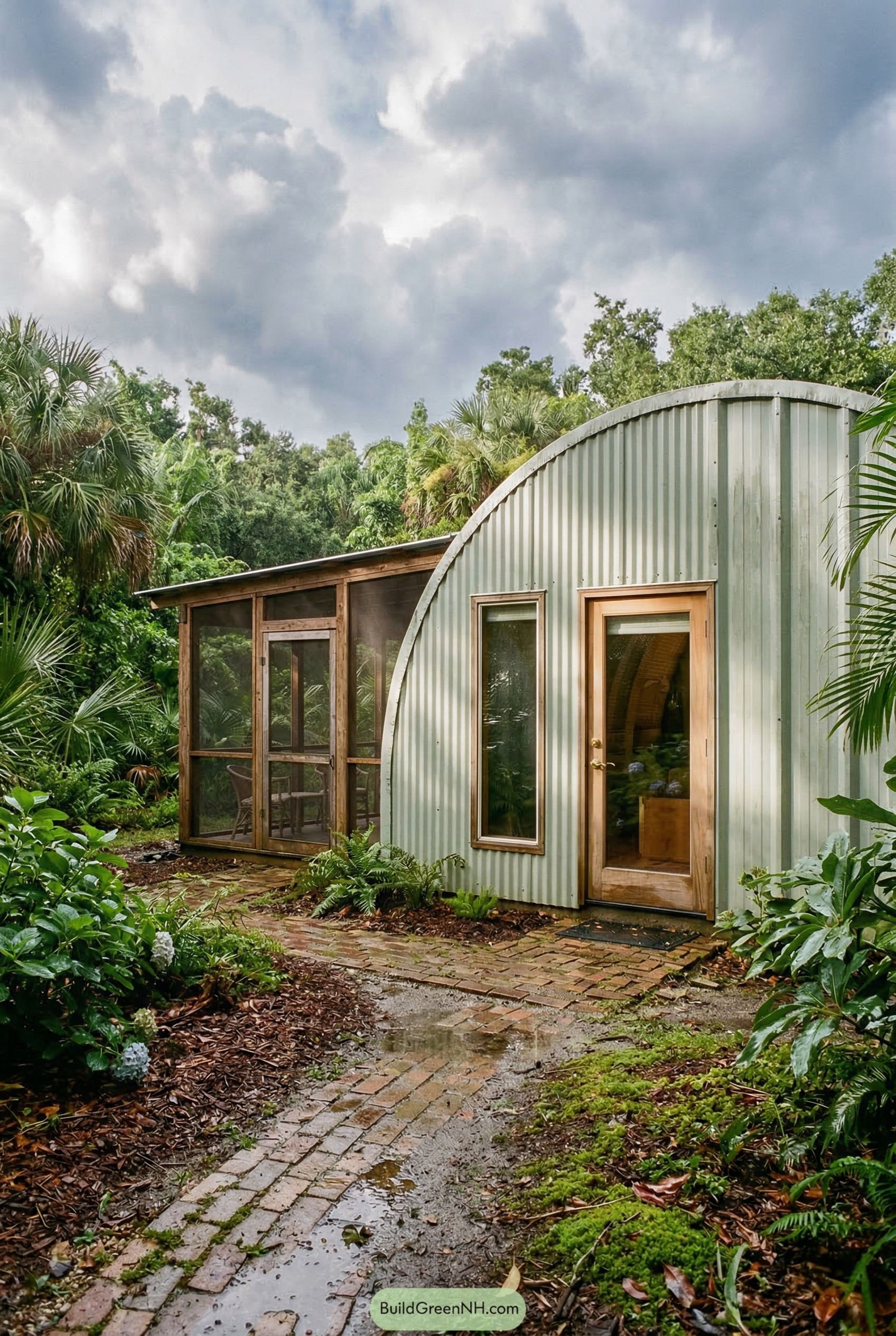 Pale green quonset hut with screened porch in tropical garden