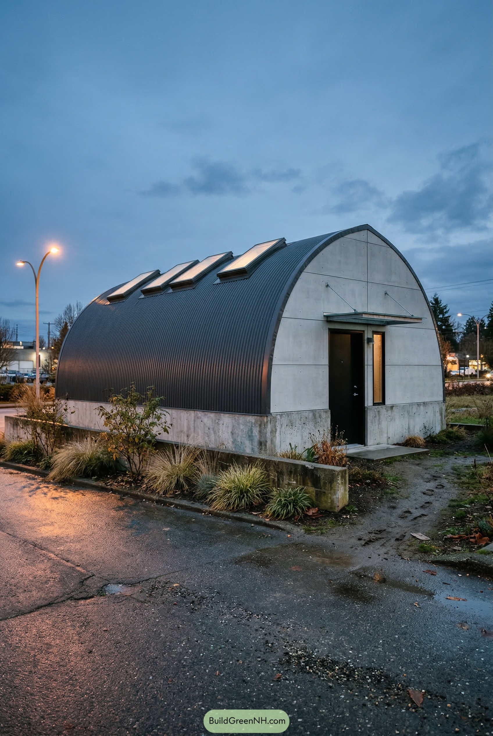 Dark corrugated quonset house with roof skylights