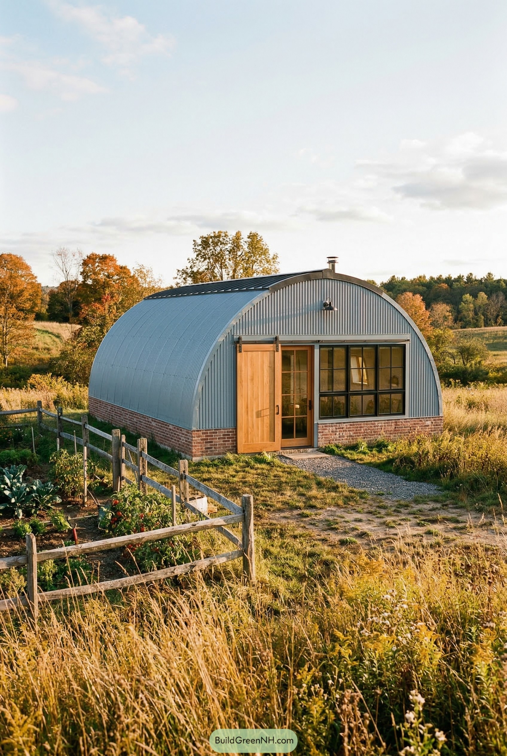 Gray quonset house with brick base and garden