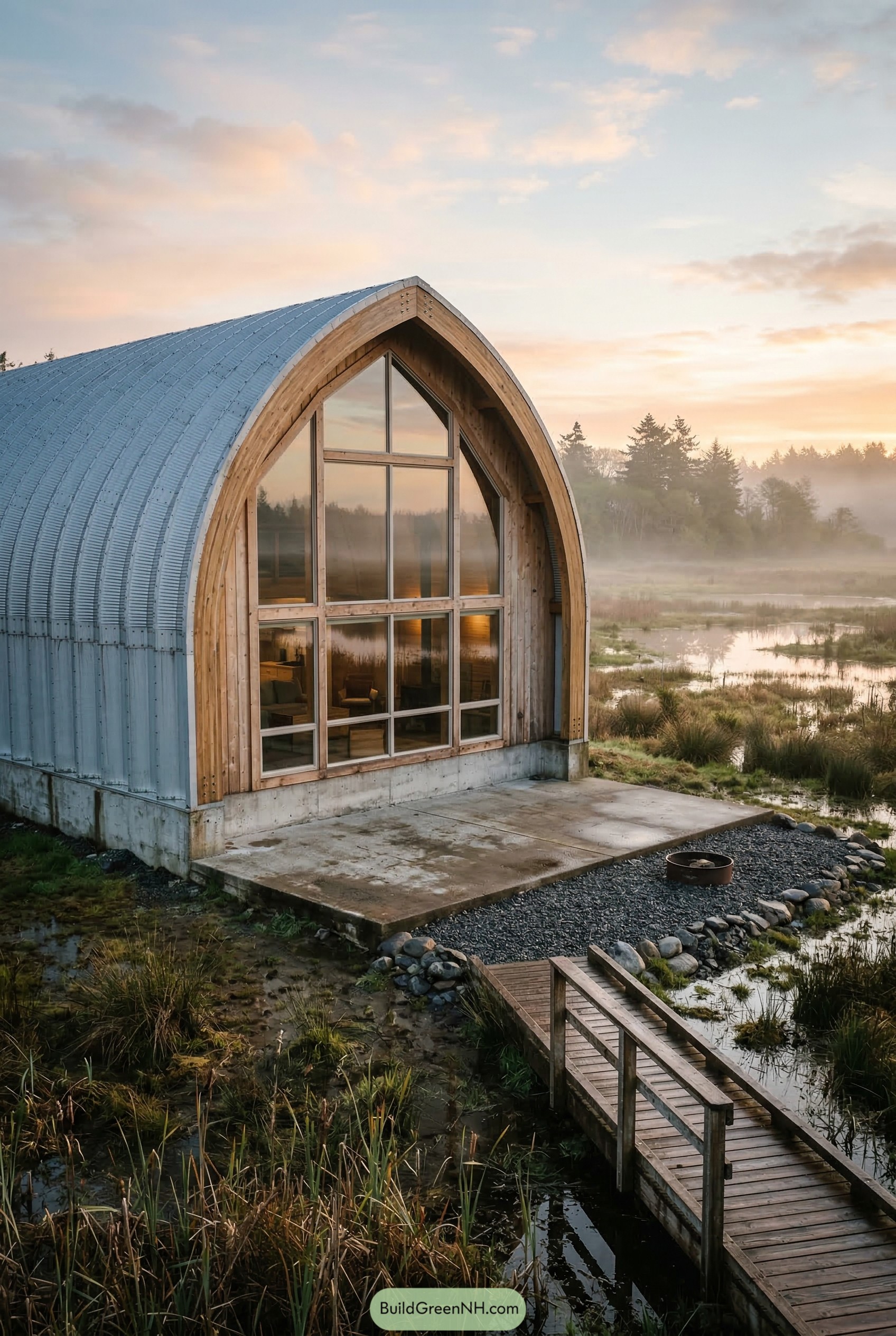 Quonset hut with tall glazed end by a marsh