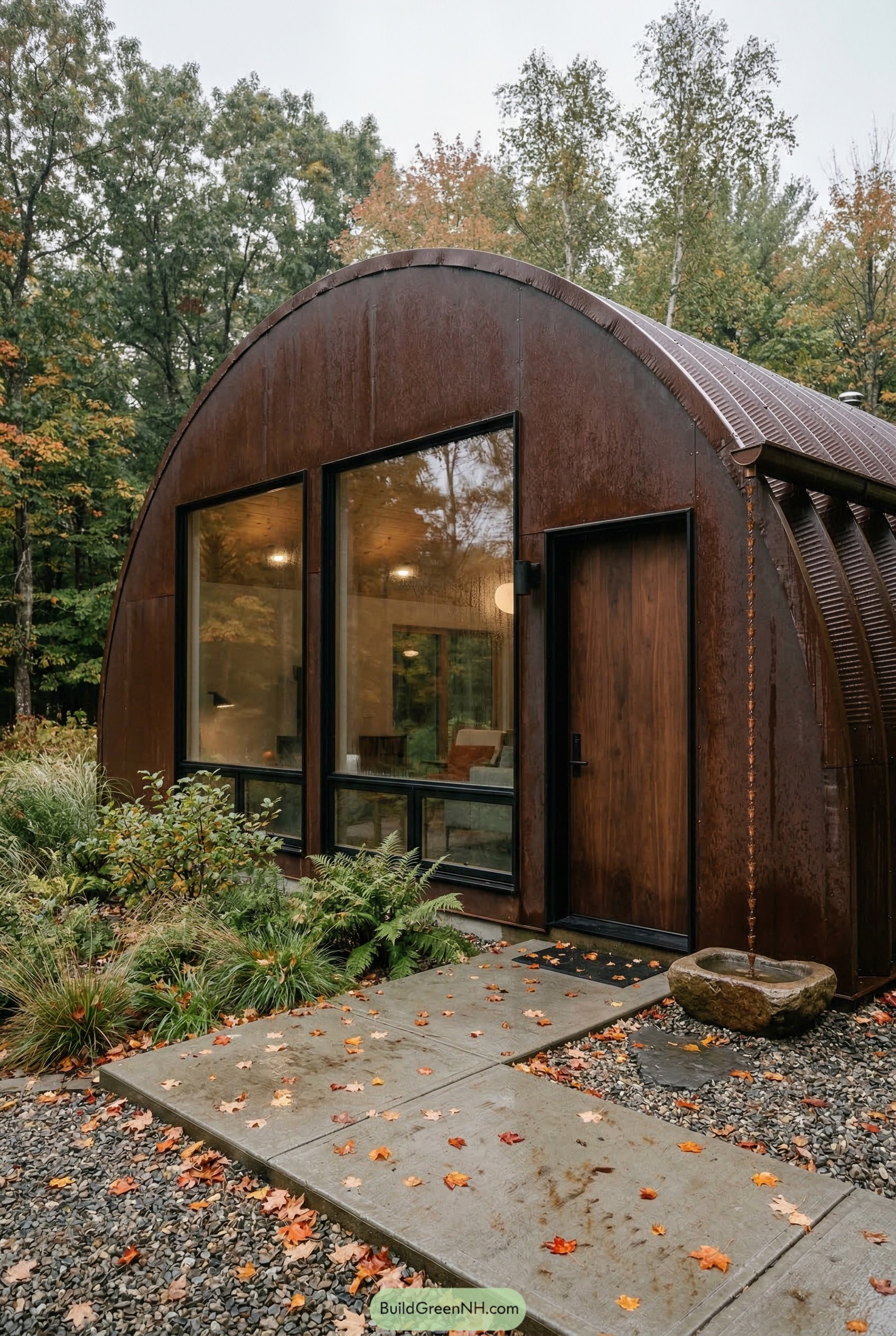 Rust toned quonset hut with tall front windows