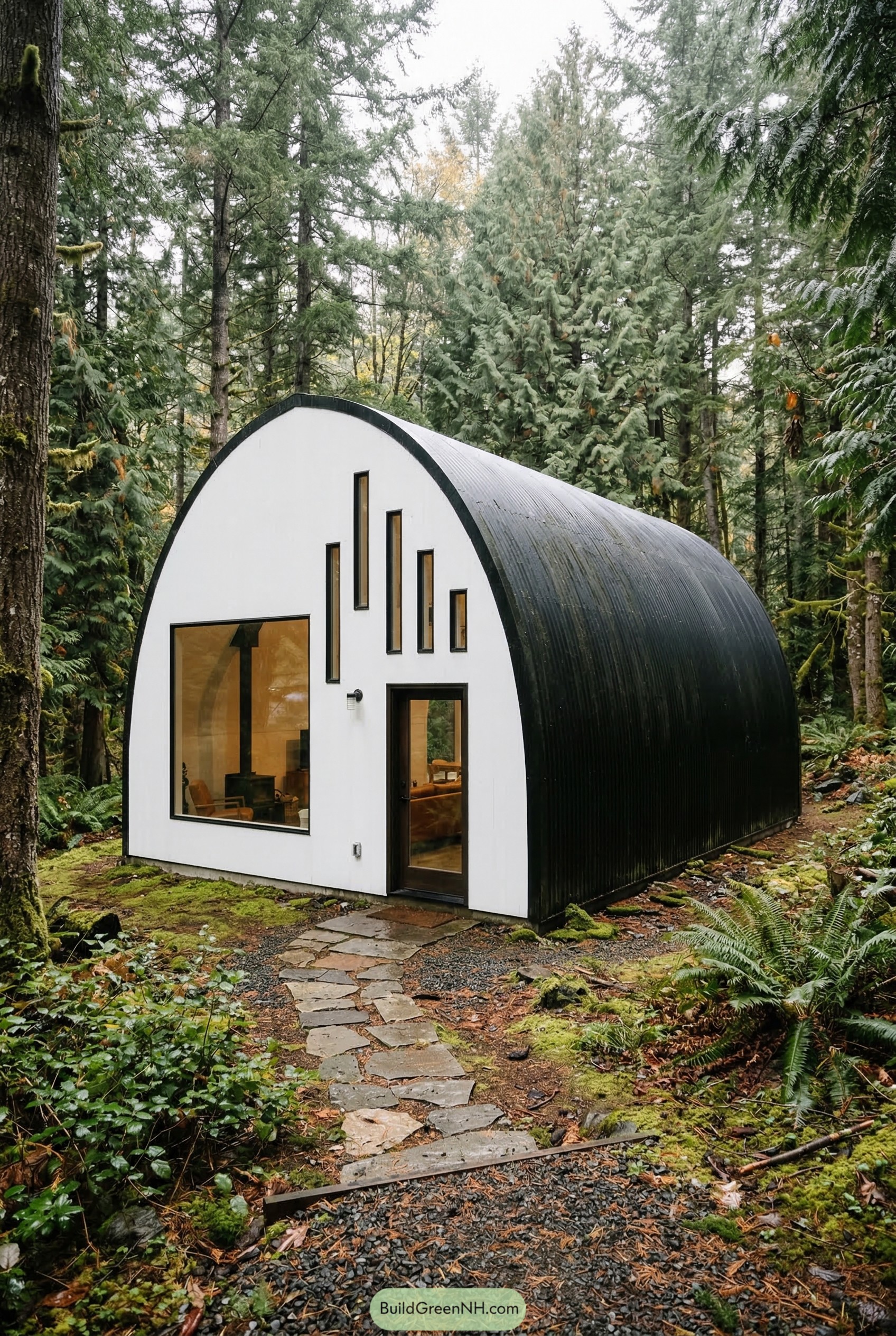 Black and white quonset hut in evergreen forest