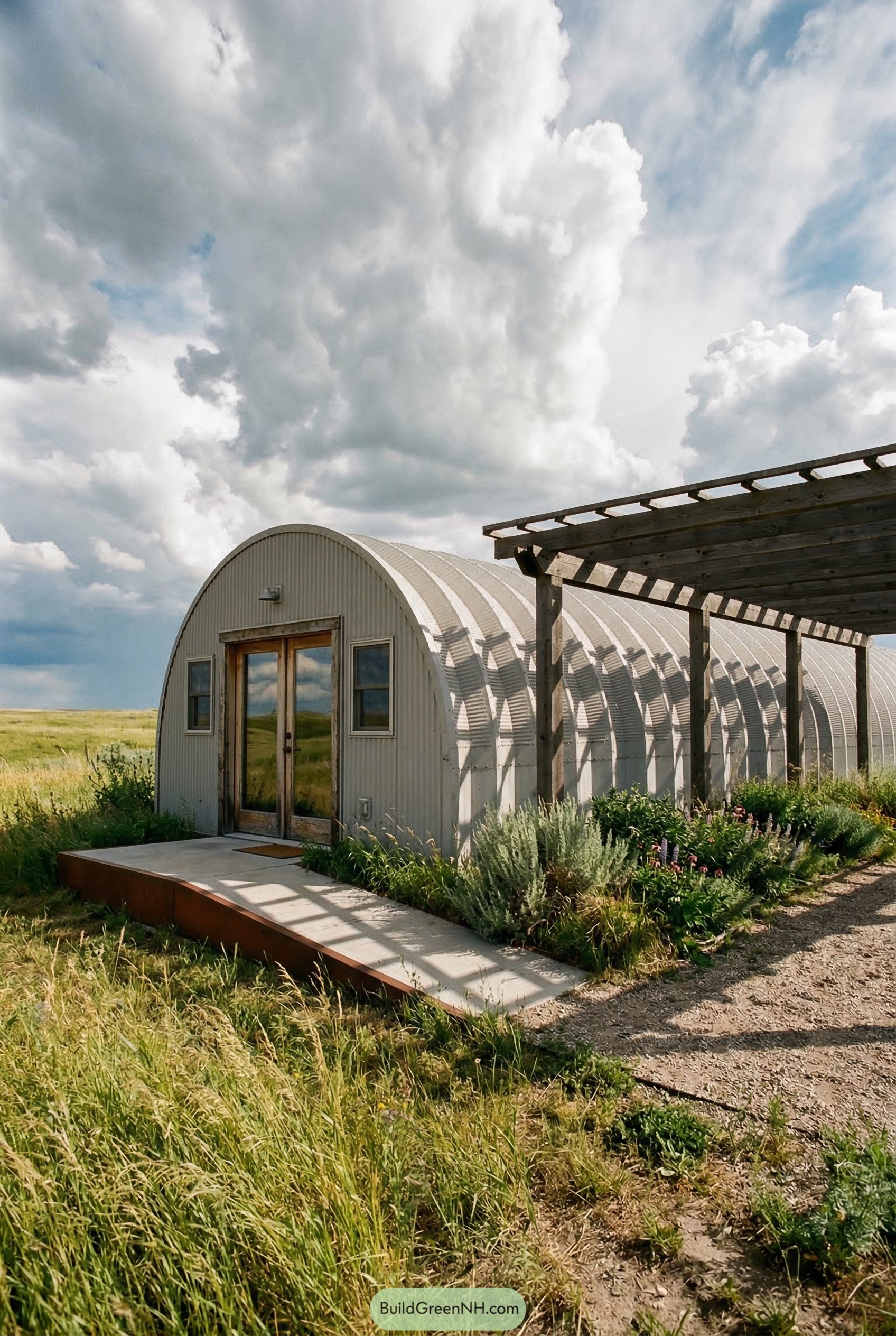 White quonset hut with timber pergola in grassland