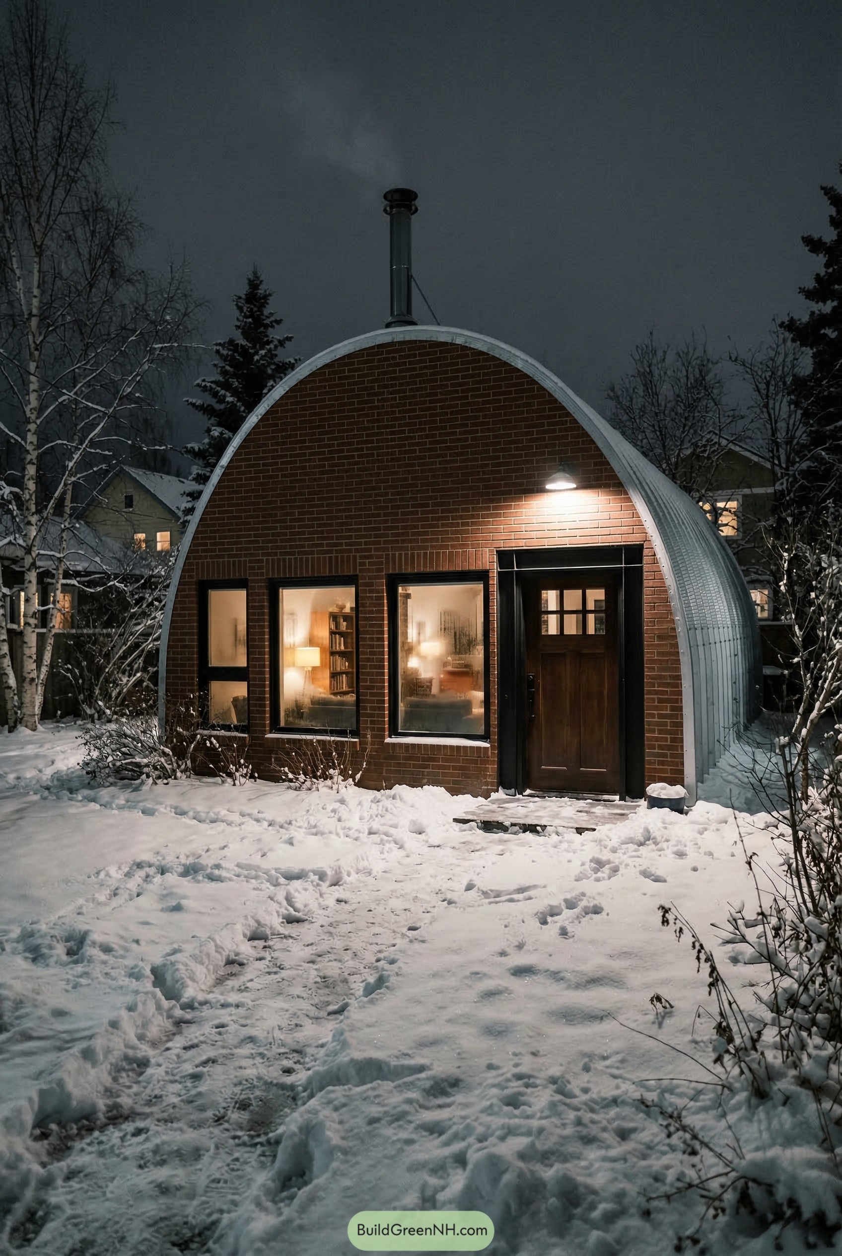 Brick front quonset hut in snow at night