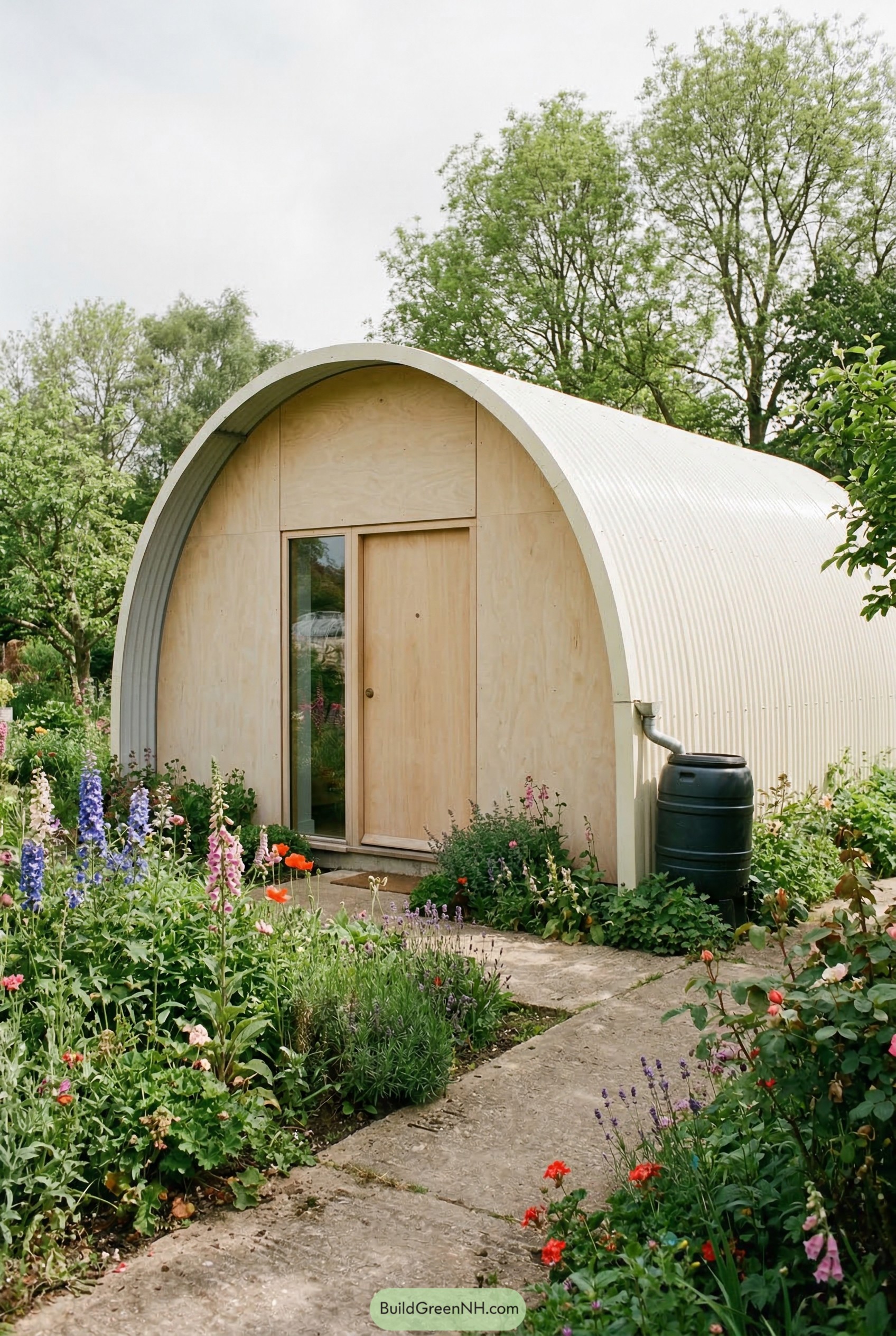 Small quonset hut with plywood facade in a flower garden