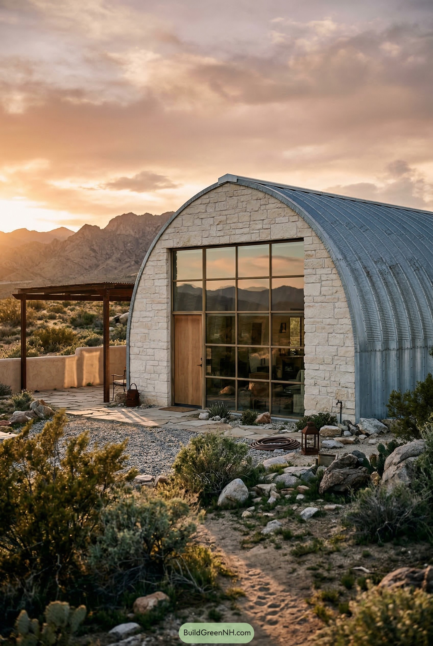 Stone faced quonset hut in desert landscape