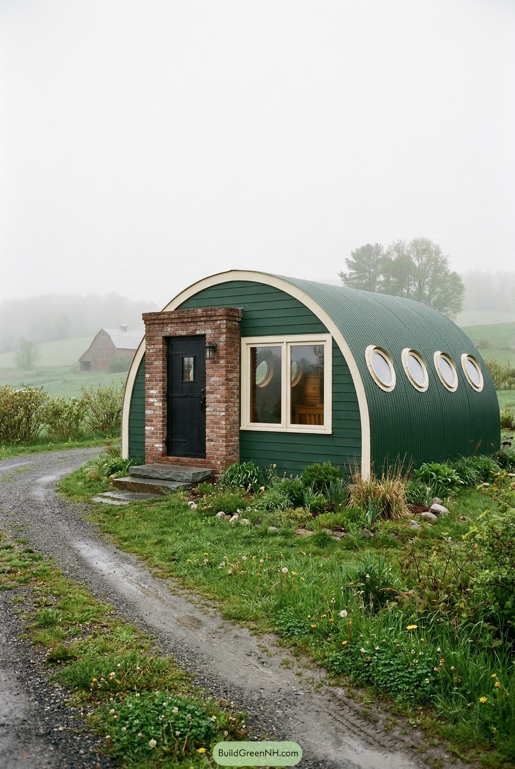 Green quonset hut with brick entry