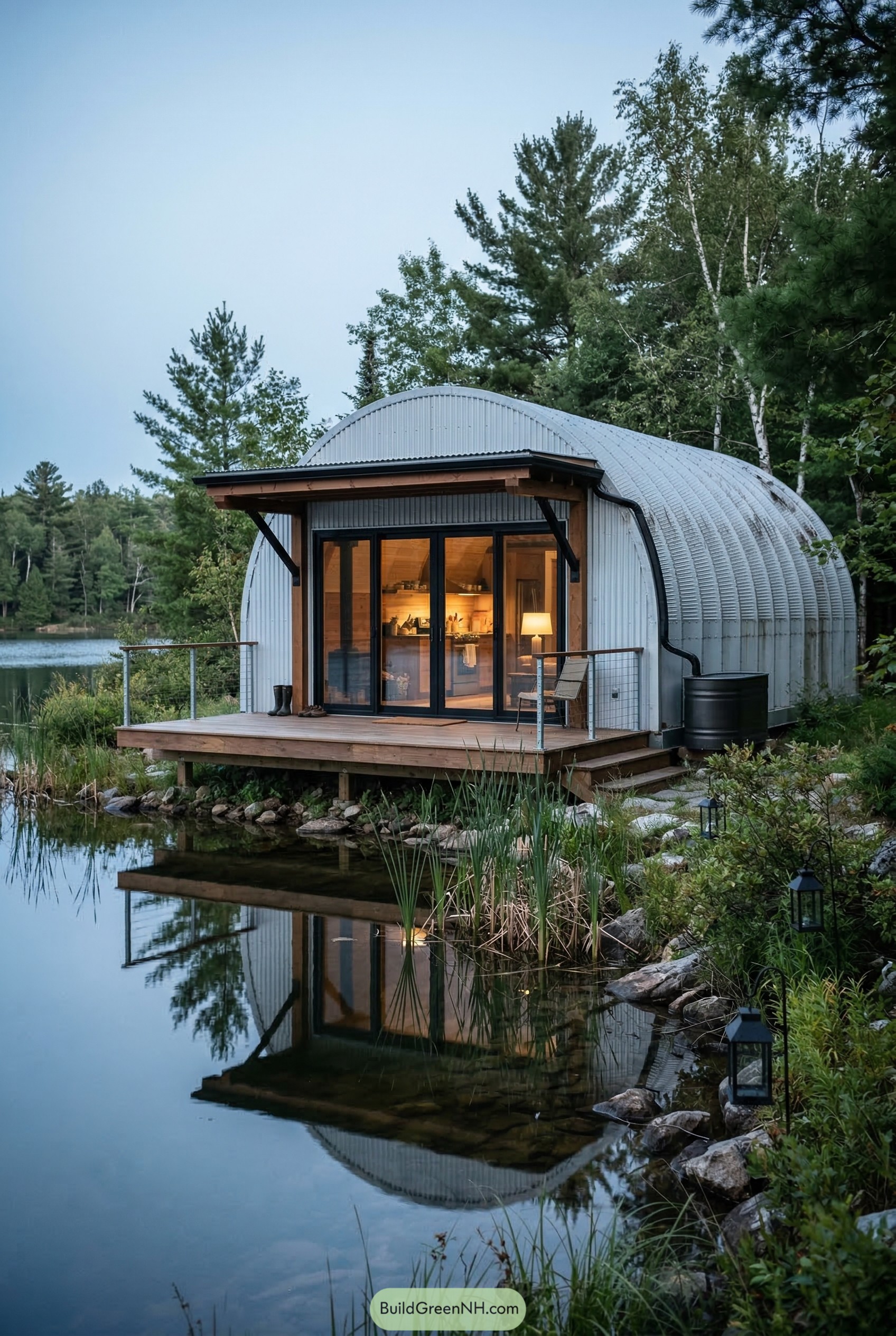 Quonset hut house with a pondside deck