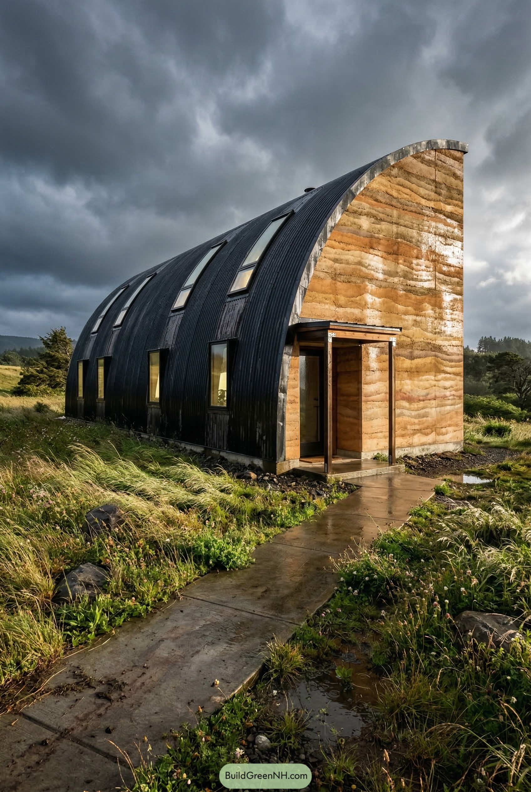 Black quonset home with rammed earth wall