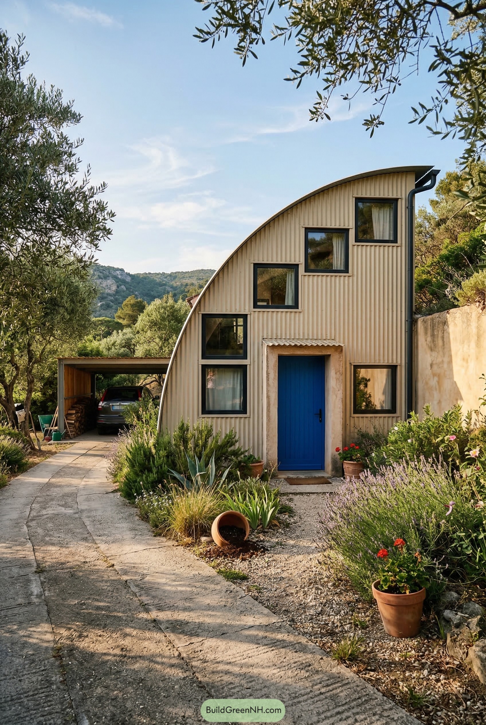 Cream quonset house with blue door and garden path