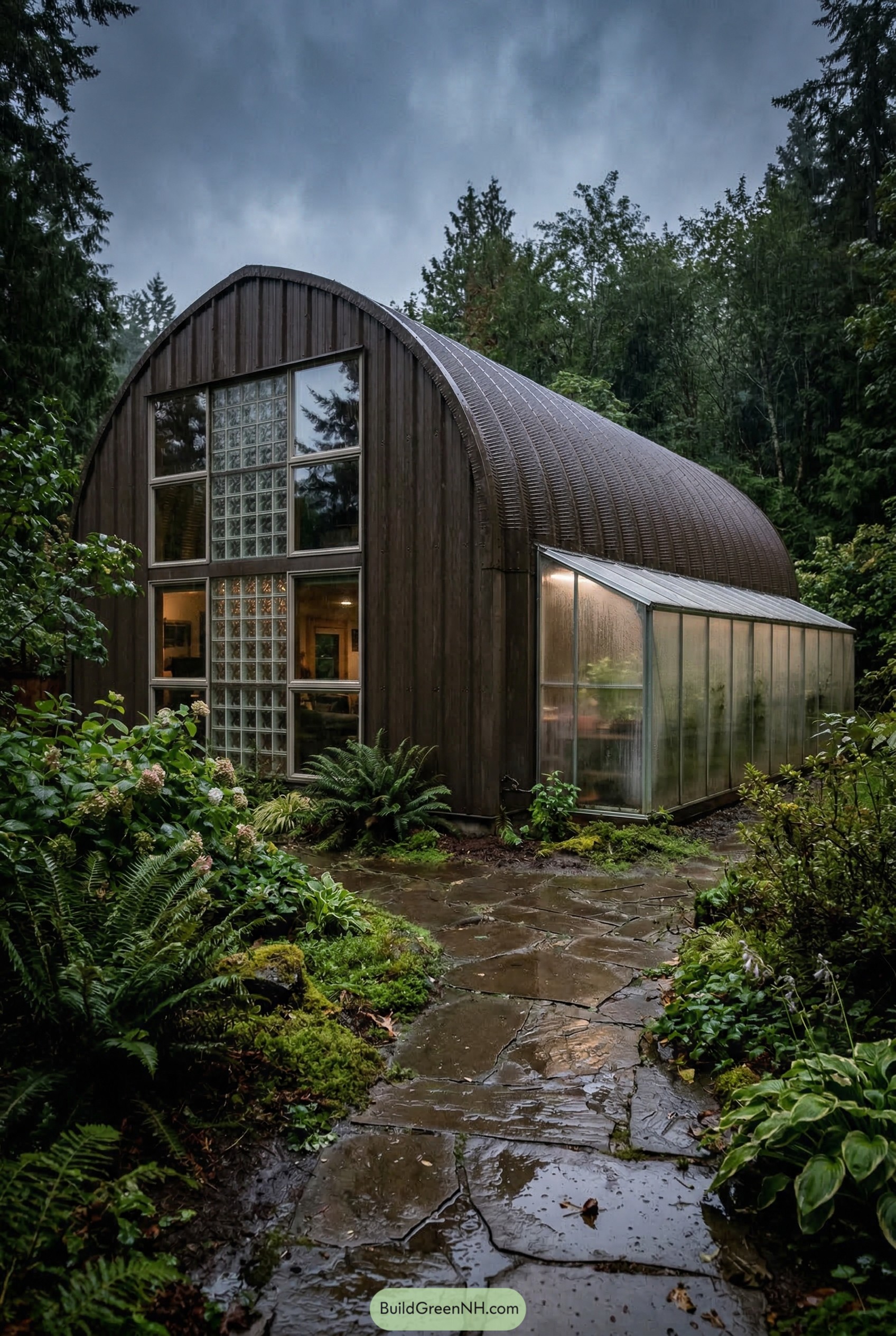 Dark wood quonset hut with attached greenhouse in rainy forest