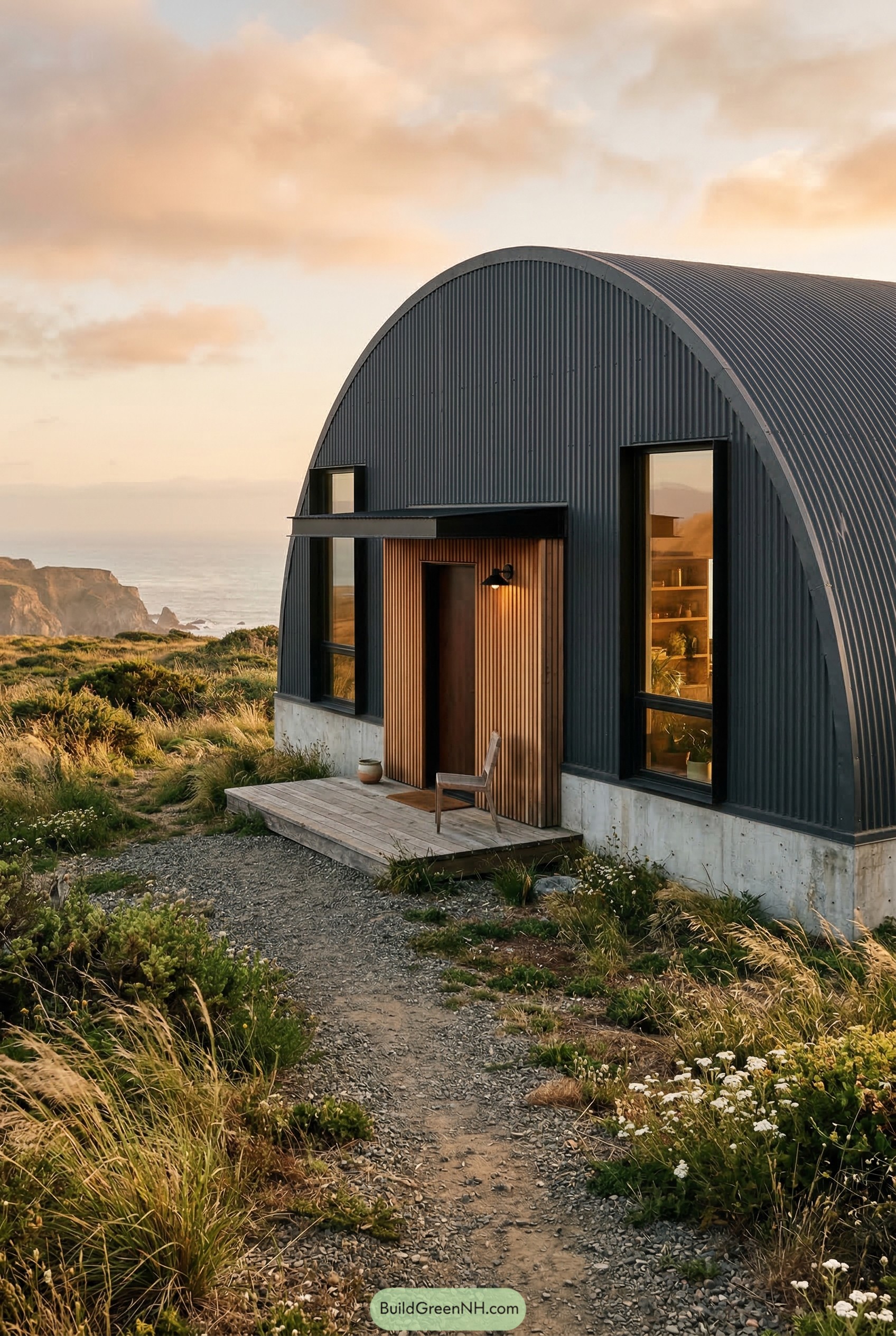 Black quonset hut house on a coastal bluff