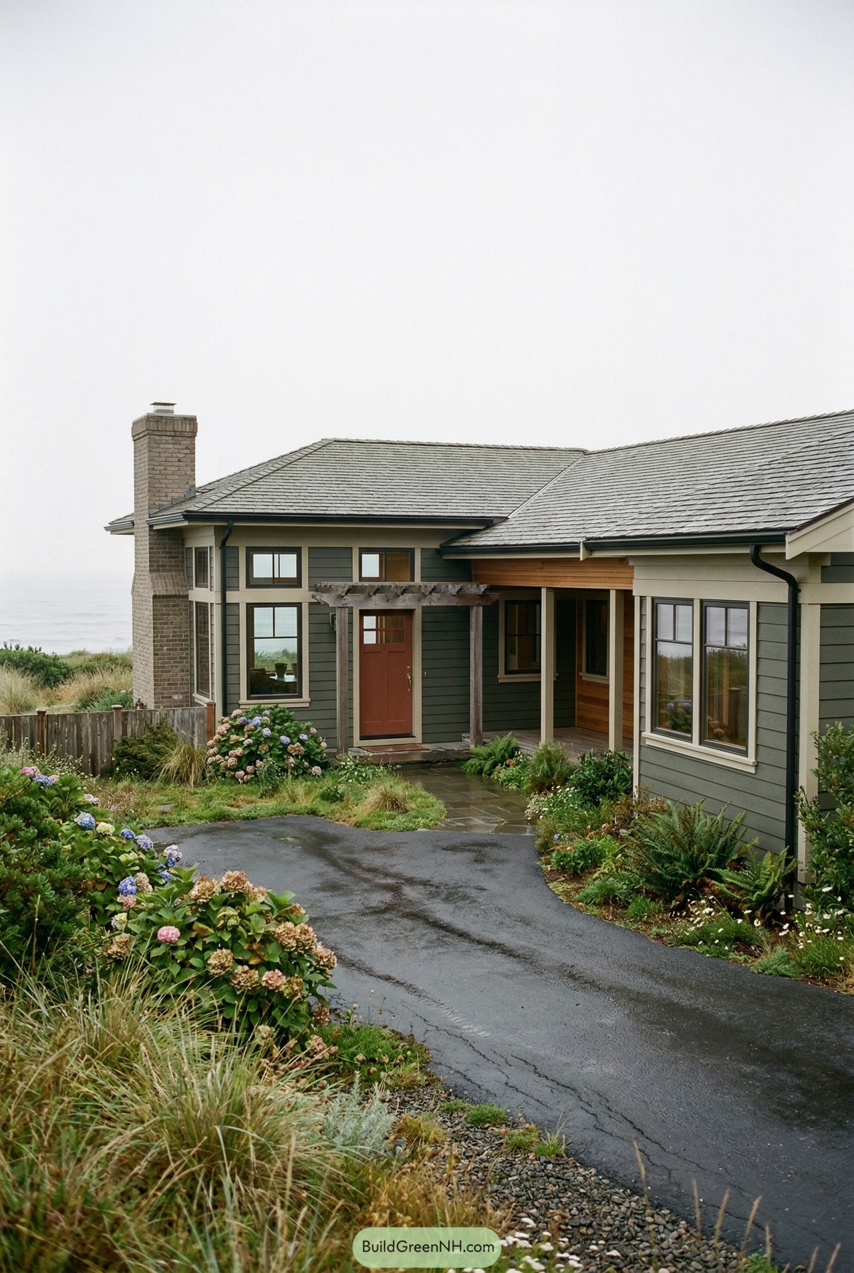Coastal ranch house with sage siding and red door