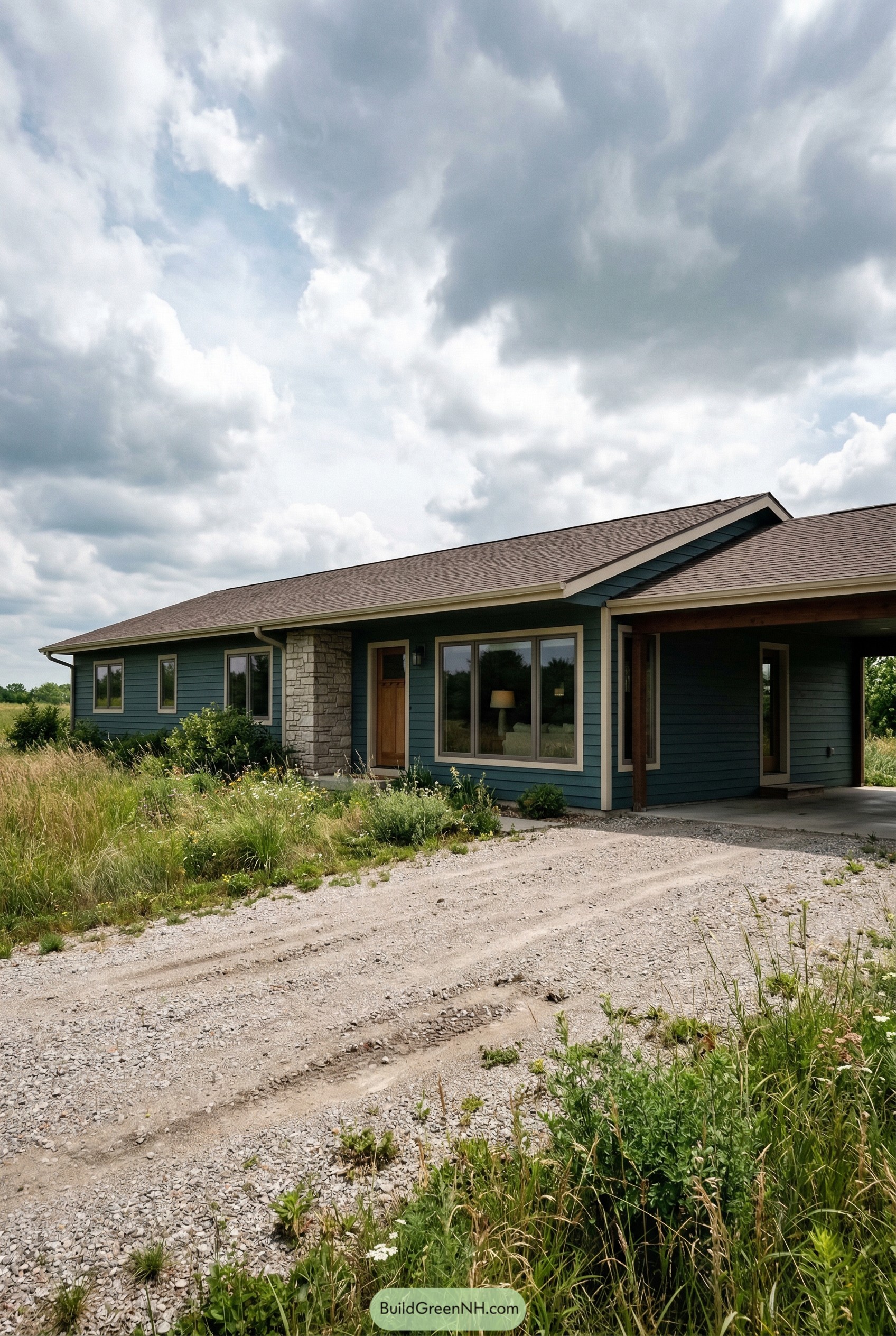 Teal ranch house with stone entry and carport