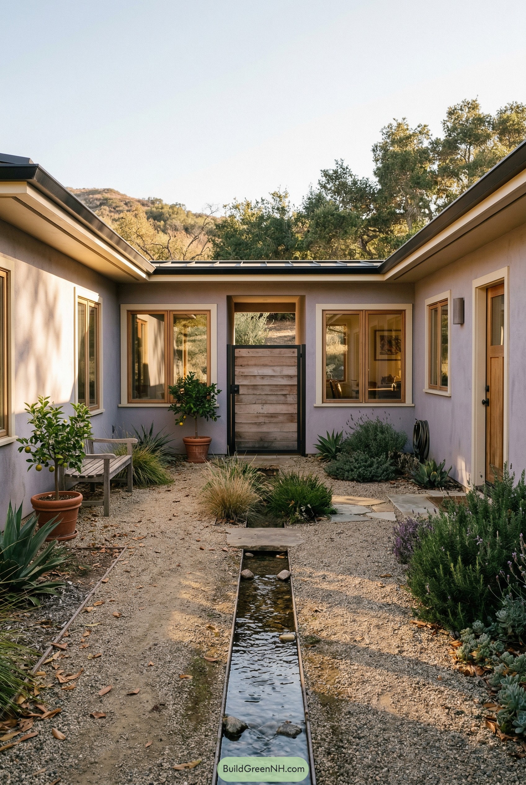 Pale mauve ranch courtyard with water rill