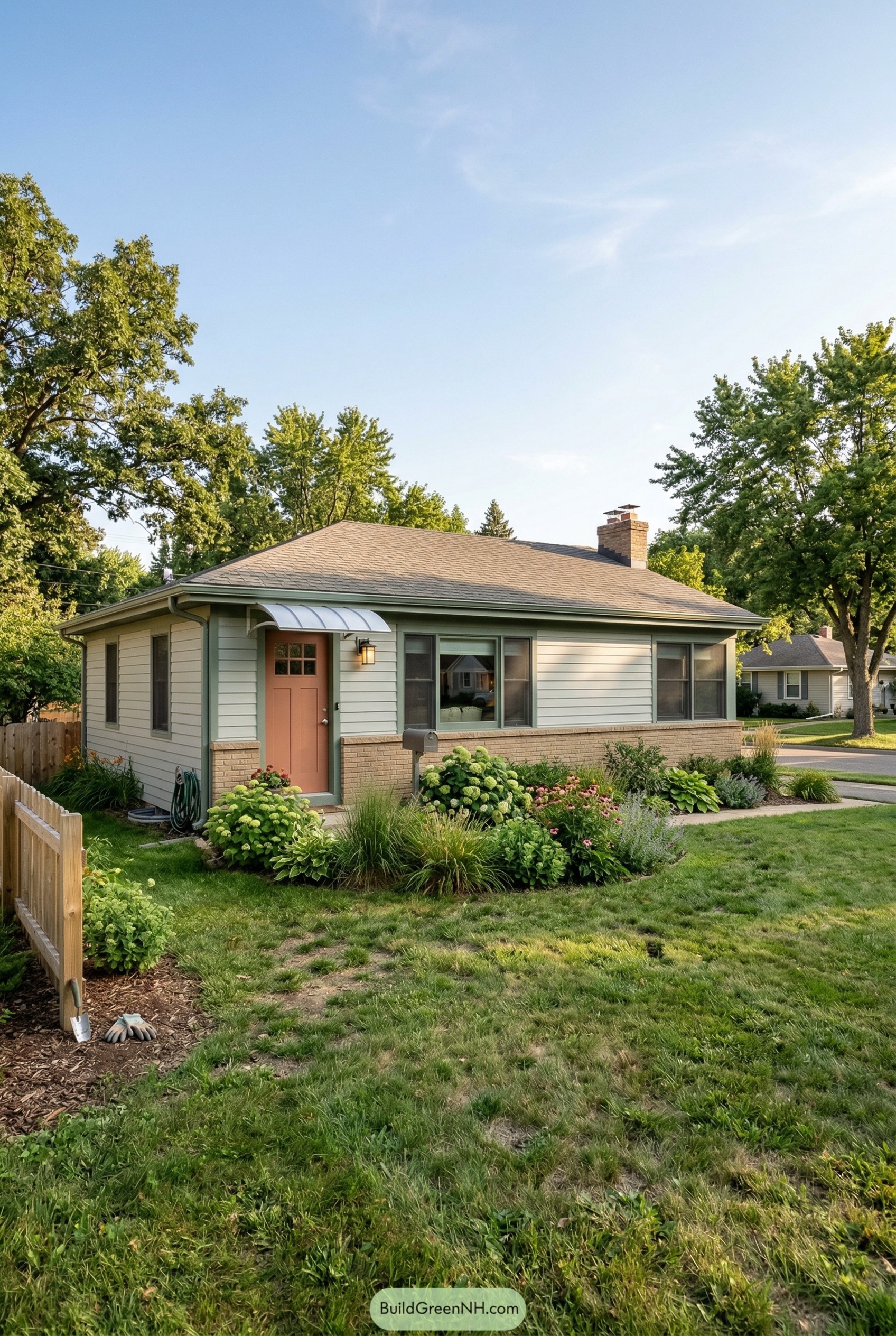 Cream ranch with green trim and peach door